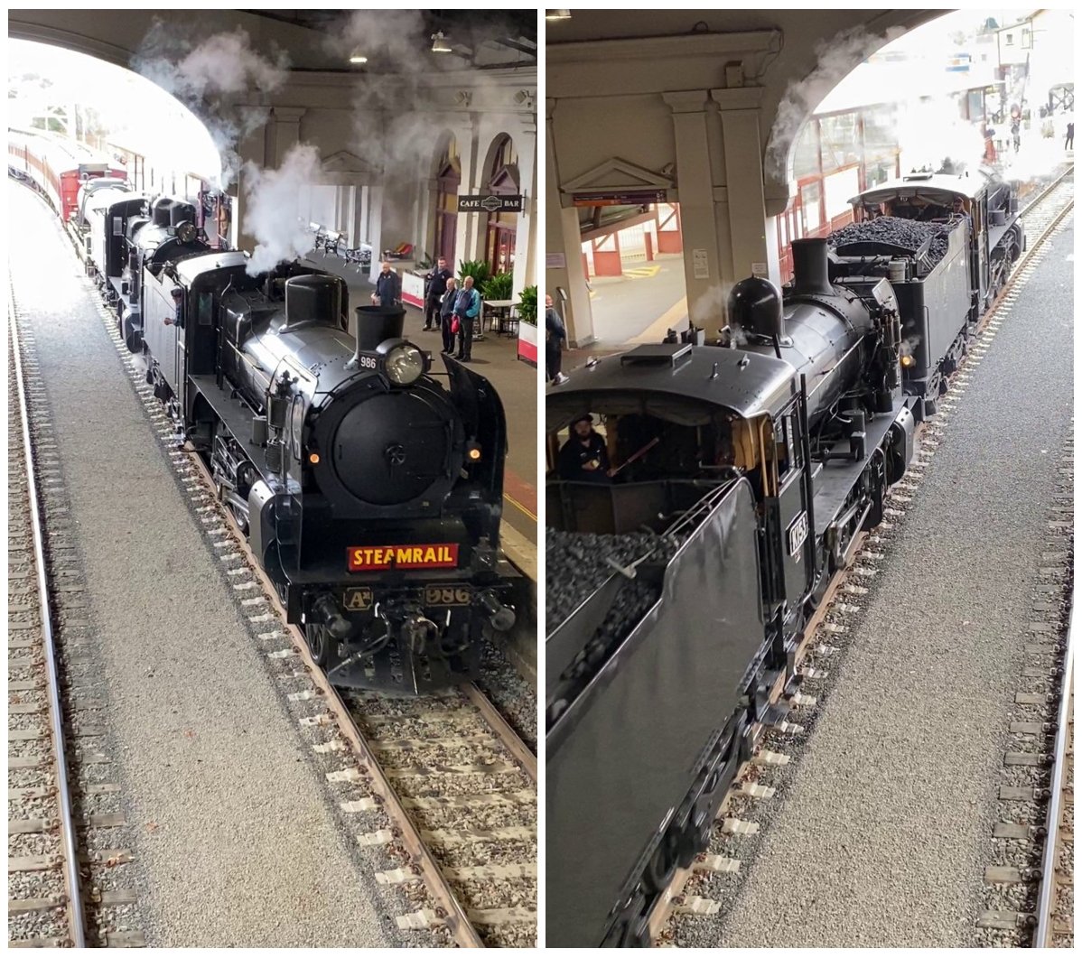 A collage of two views of the Steamrail train at Ballarat, as taken from the Overhead Bridge: Left = A2 986 approachiong the bridge; Right = Steam Engines A2 986 and K153 on the other side of the bridge