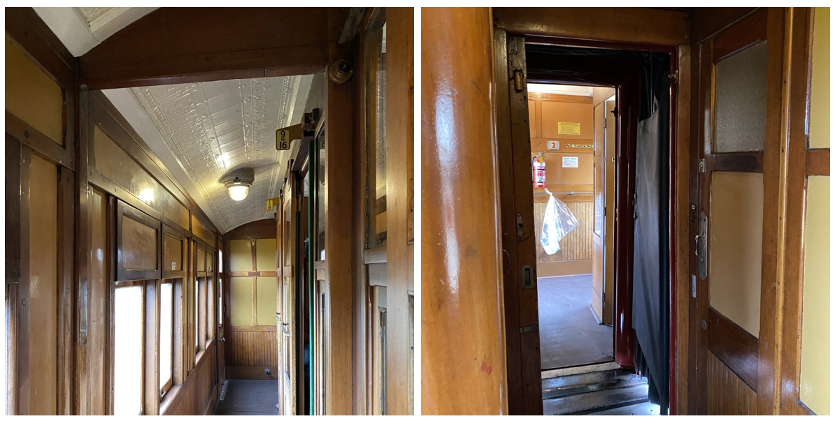 Collage of two images sowing the passageway of a Steamrail passenger carriage