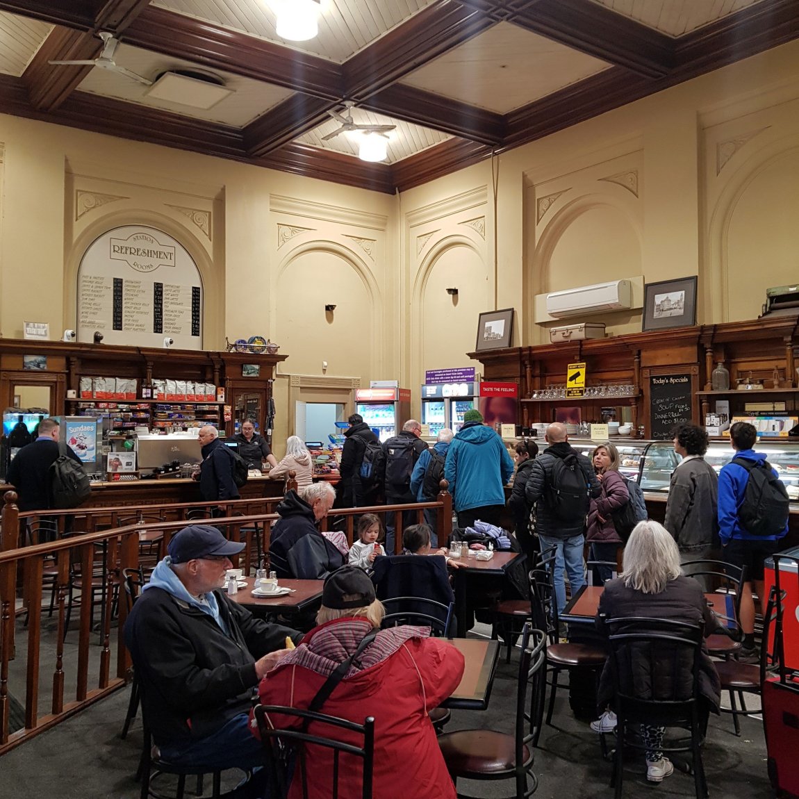 An image of hungry Steamrailers in the Ballarat Station Refreshment Rooms at the end of their journey