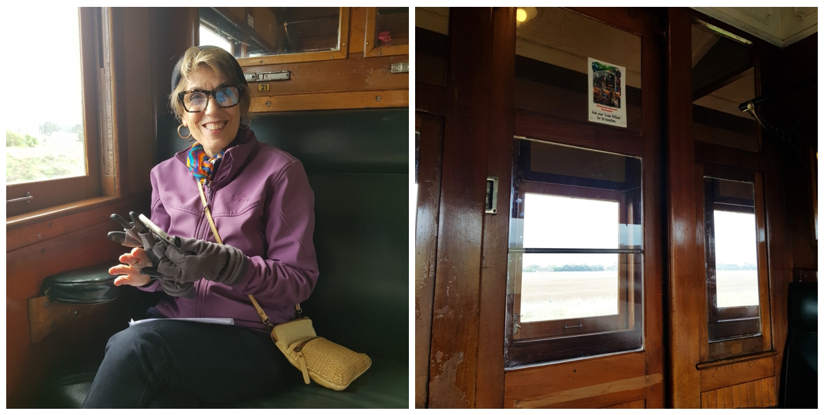 Collage of two images showing the interior of a Steamrail train passenger carriage compartment