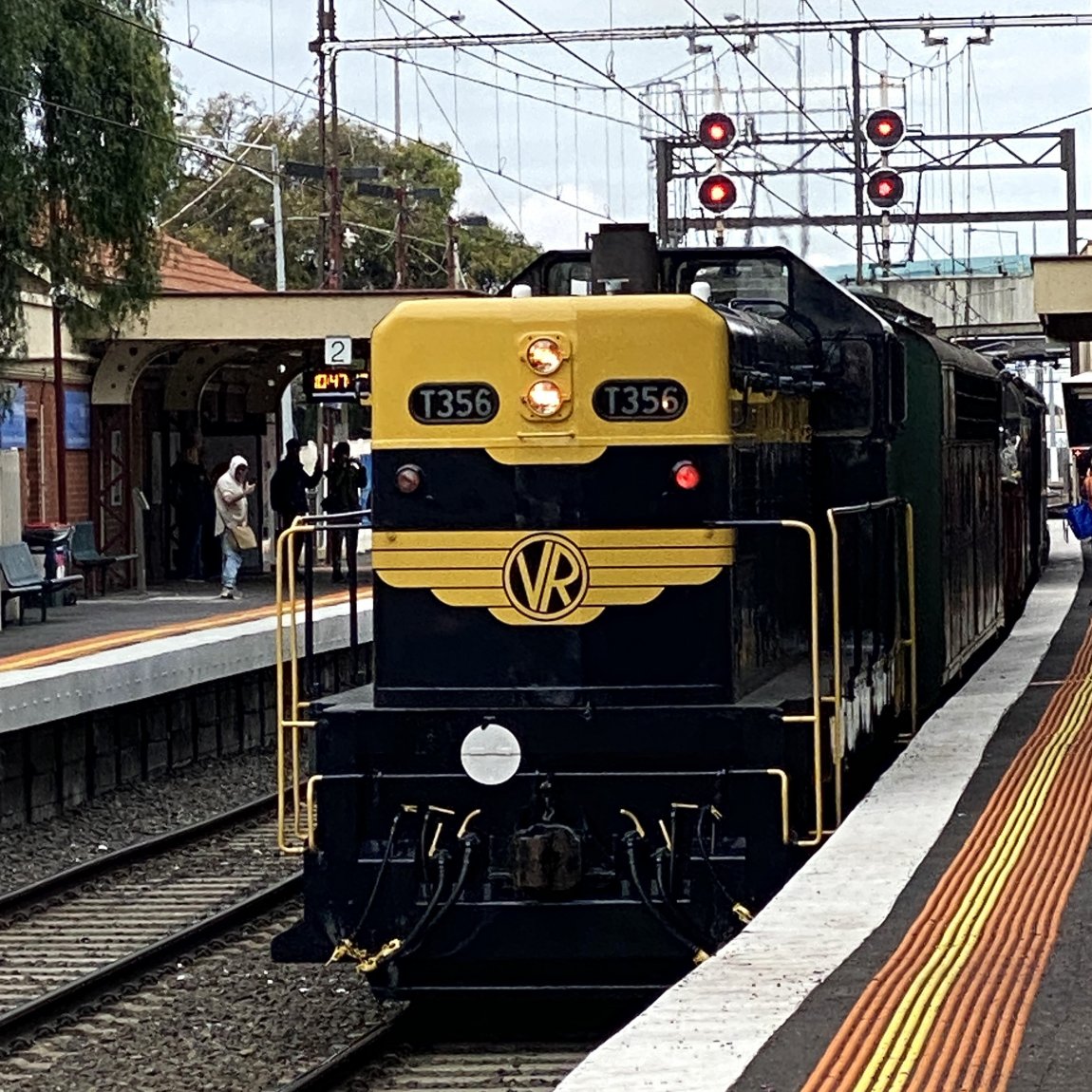 An image showing Steamrail heritage diesel T356 beside Platform 1 at the Newport Train Station