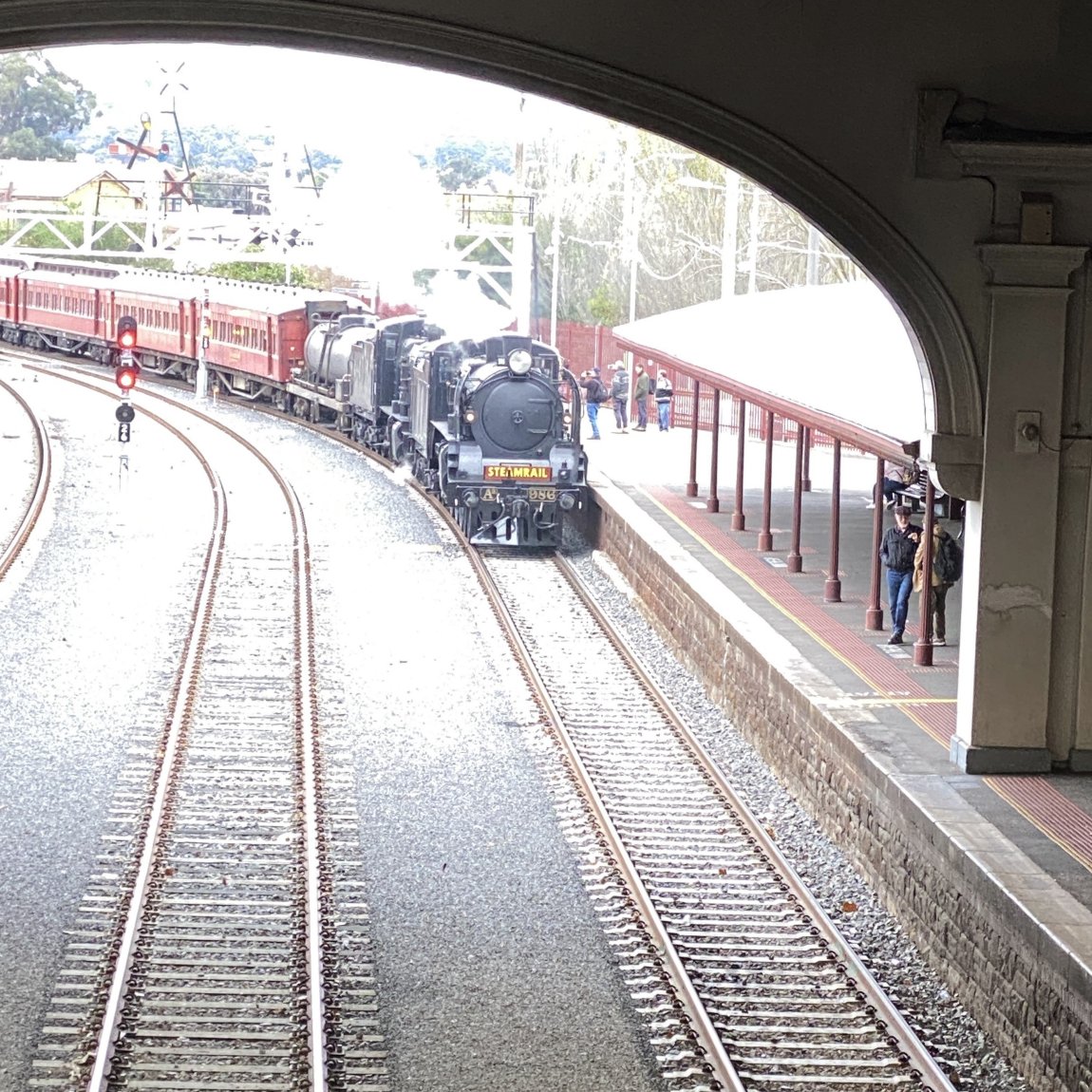 An image of the Steamrail train, lead by A2 986, approaching Platform 1 of the Great Train Hall at the Ballarat Station, on Friday 24 May 2024