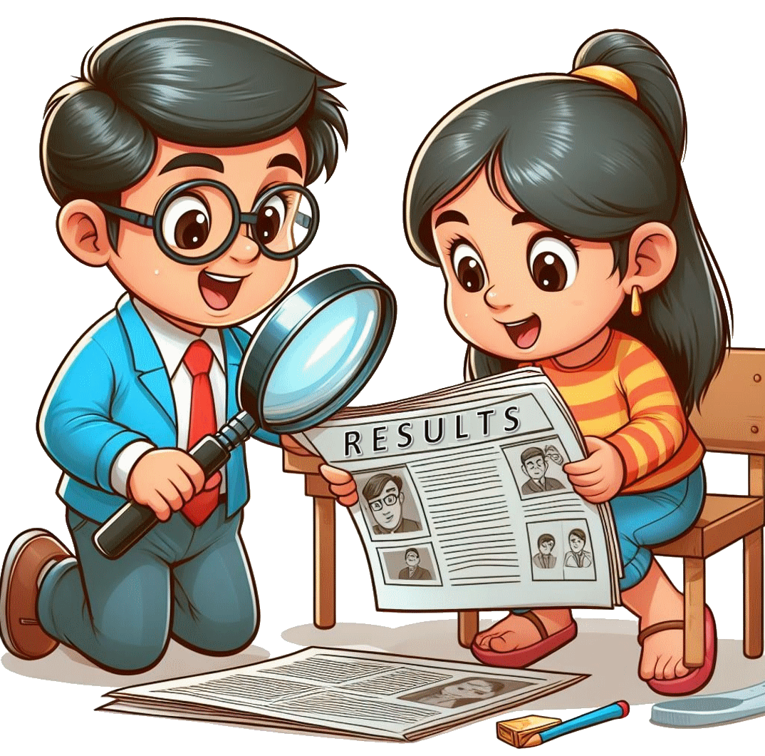 Two children searching through articles in a newspaper