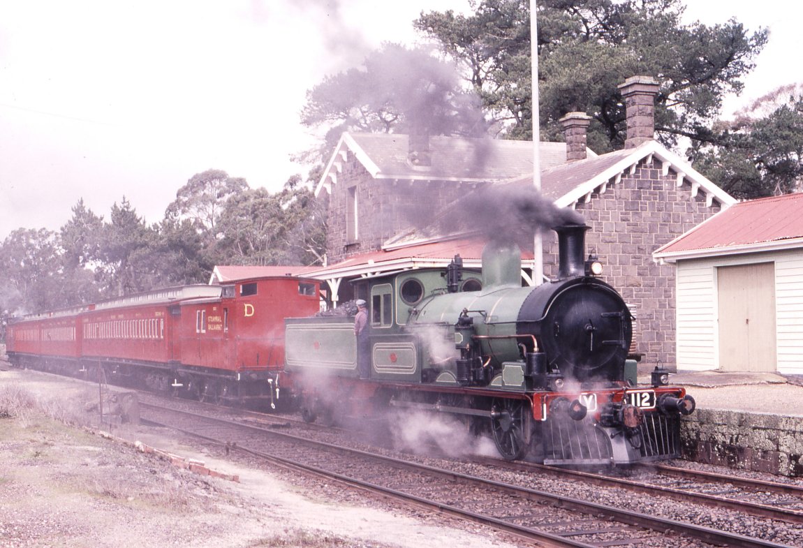 An image by photographer Weston Langford, showing Steam Train Y112 at Lal Lal Station, taken in July 1996