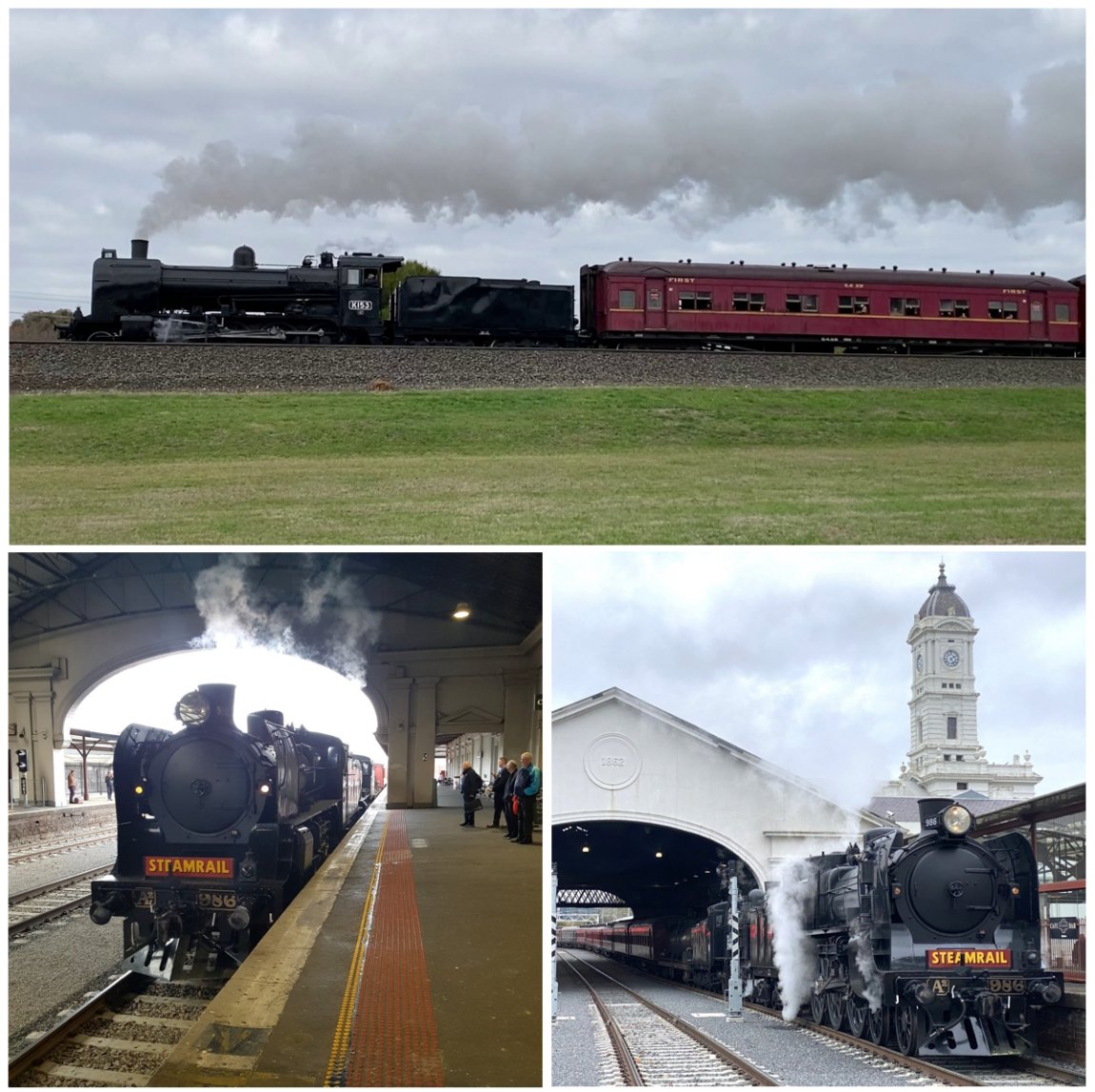 a collage of three images showing Steamrail Steam Engines at Ballarat: top = K153 steaming between Lal Lal and Ballarat; bottom-left = A2 986 arriving into Ballarat Station Platform 1; bottom-right = A2 986 in front of the Station Clock Tower