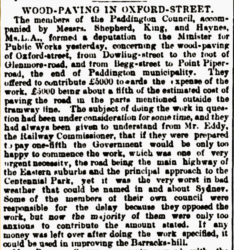 Image of extract from The Sydney Morning Herald Fri 14 Feb 1890 about wood-paving in Oxford Street