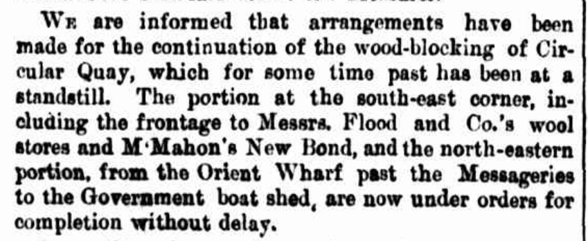 Image of extract from The Sydney Morning Herald Tue 16 Aug 1887 announcing wood-blocking at Circular Quay