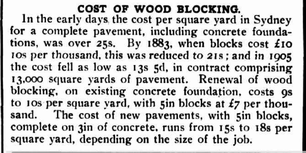 Image of extract from Weekly Supplement to Building Tue 26 Jan 1909 about the cost of wood blocking