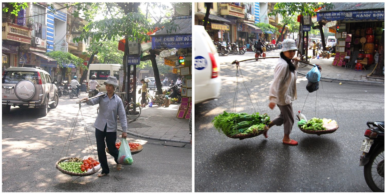 Collage of two images of Hanoi street traders carrying vegetables in baskets, suspended on a shoulder poles