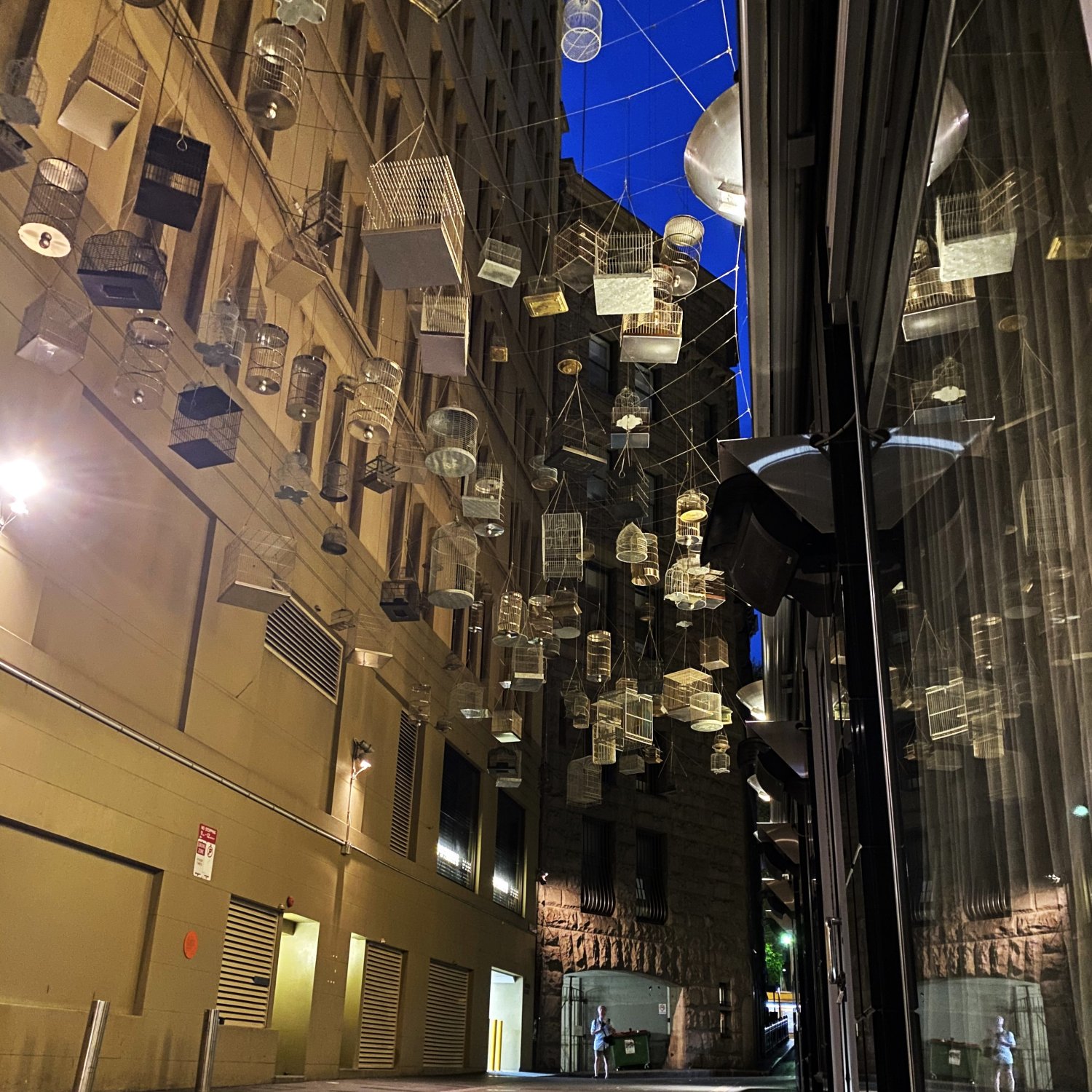 Night-time image of suspended birdcages above Angel Place