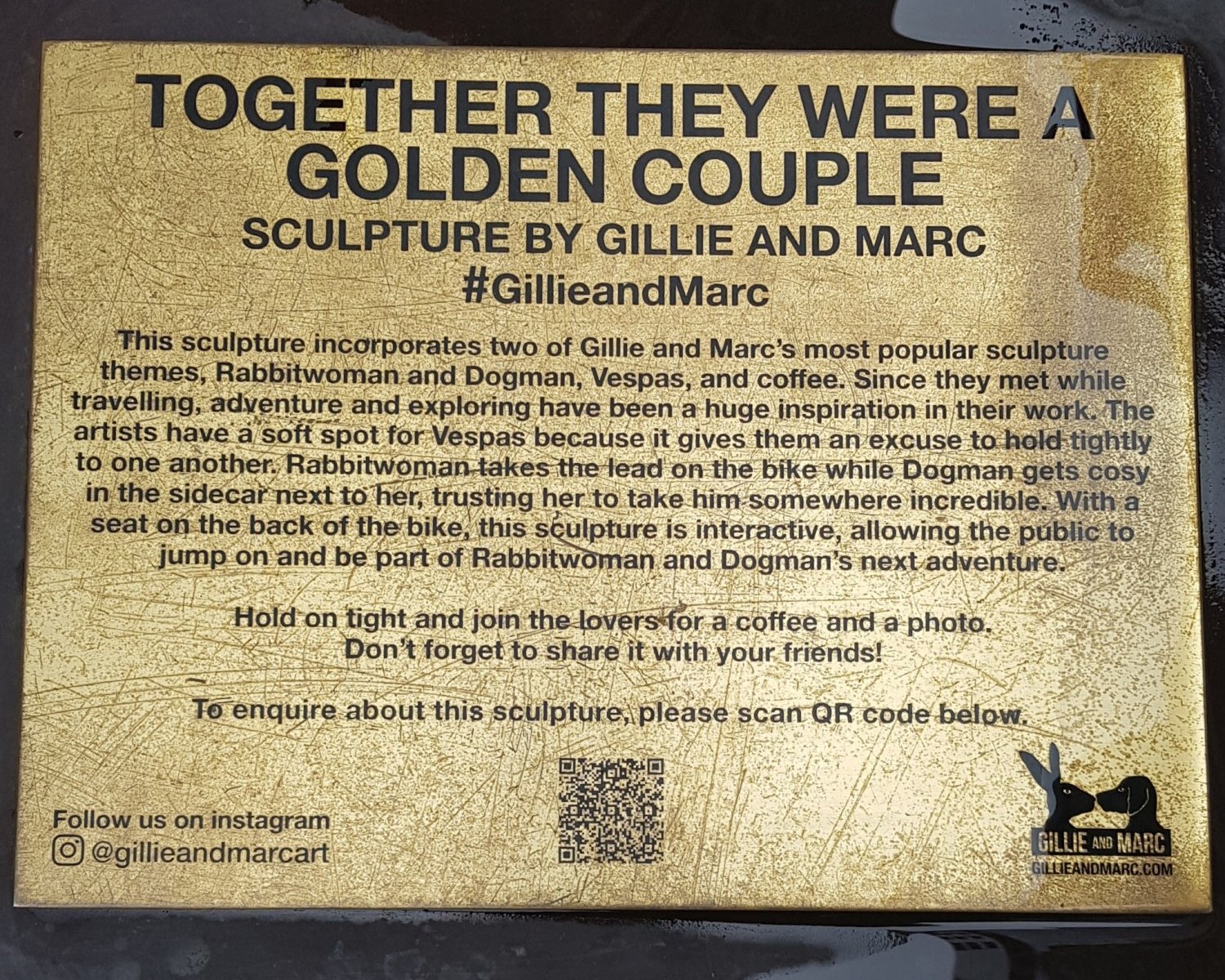 Image of the plaque 'Together they were a Golden Couple', telling the story of Rabbitwoman and Dogman, and their Vespa