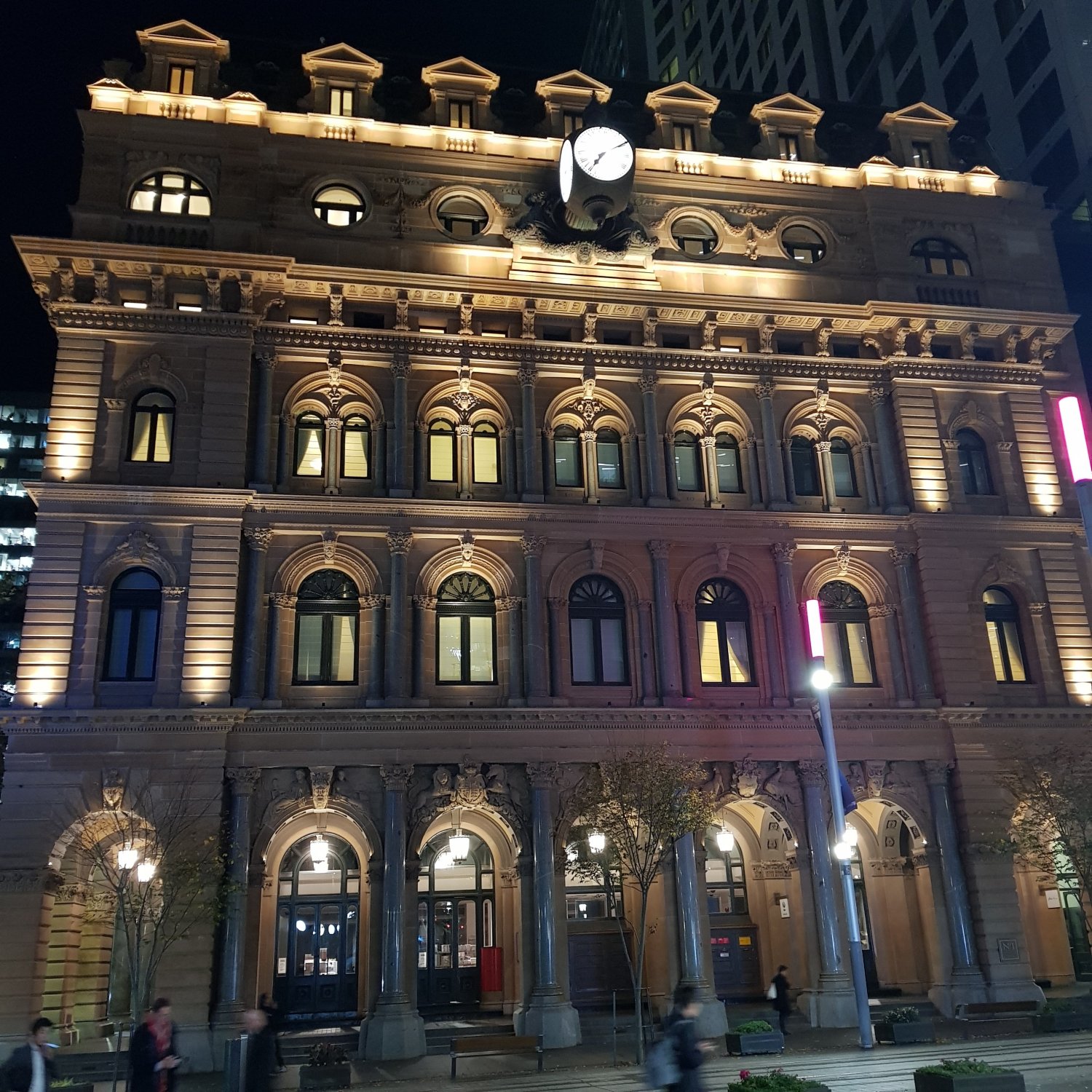 Image of the George Street façade of the former GPO, taken at night 