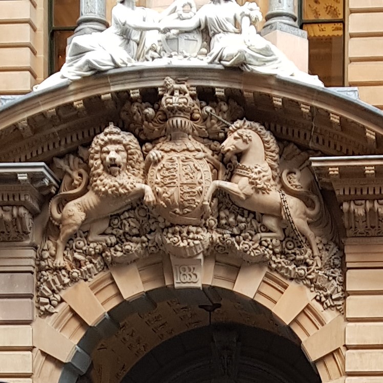 Image of the British Royal Crest, at the front of the GPO building