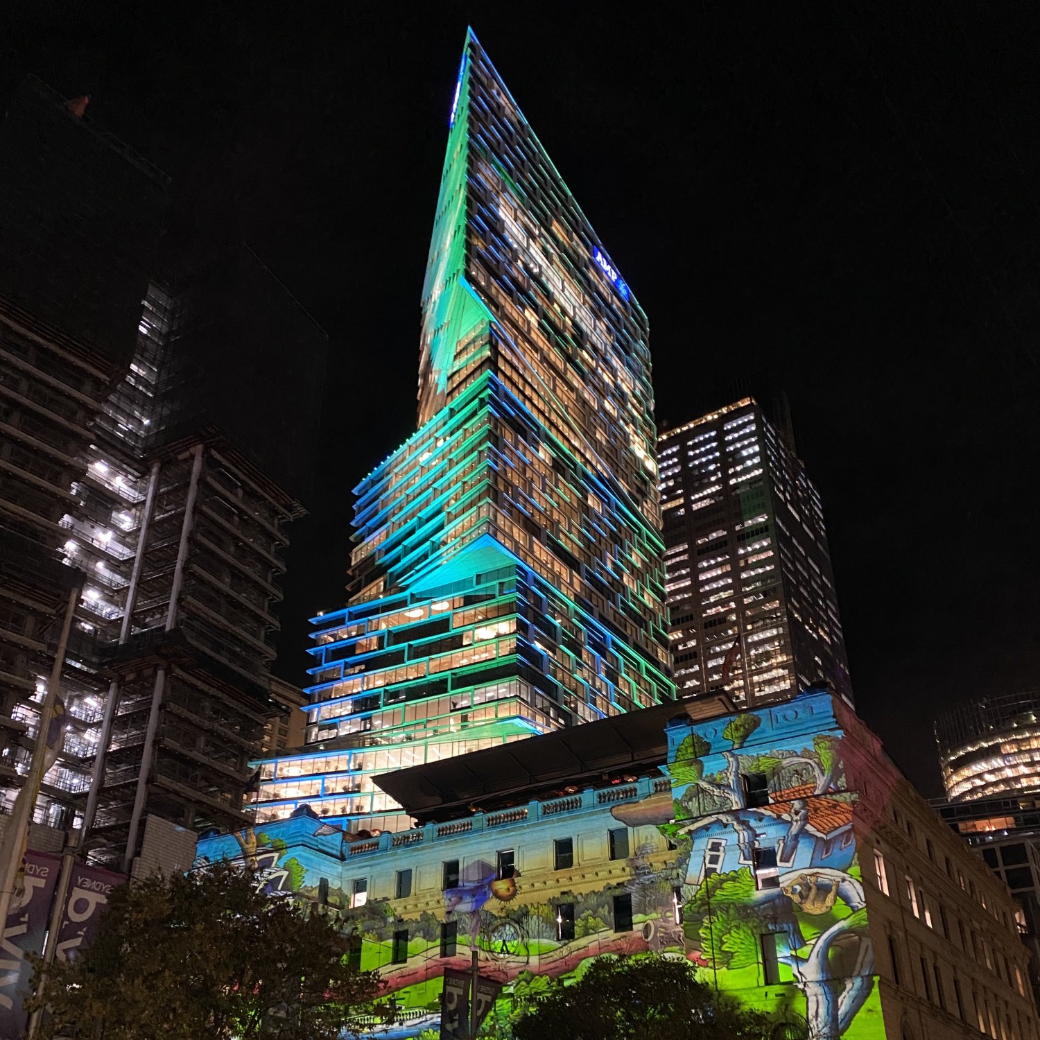 Image of Quay Quarter Tower, viewed at night during Vivid festival