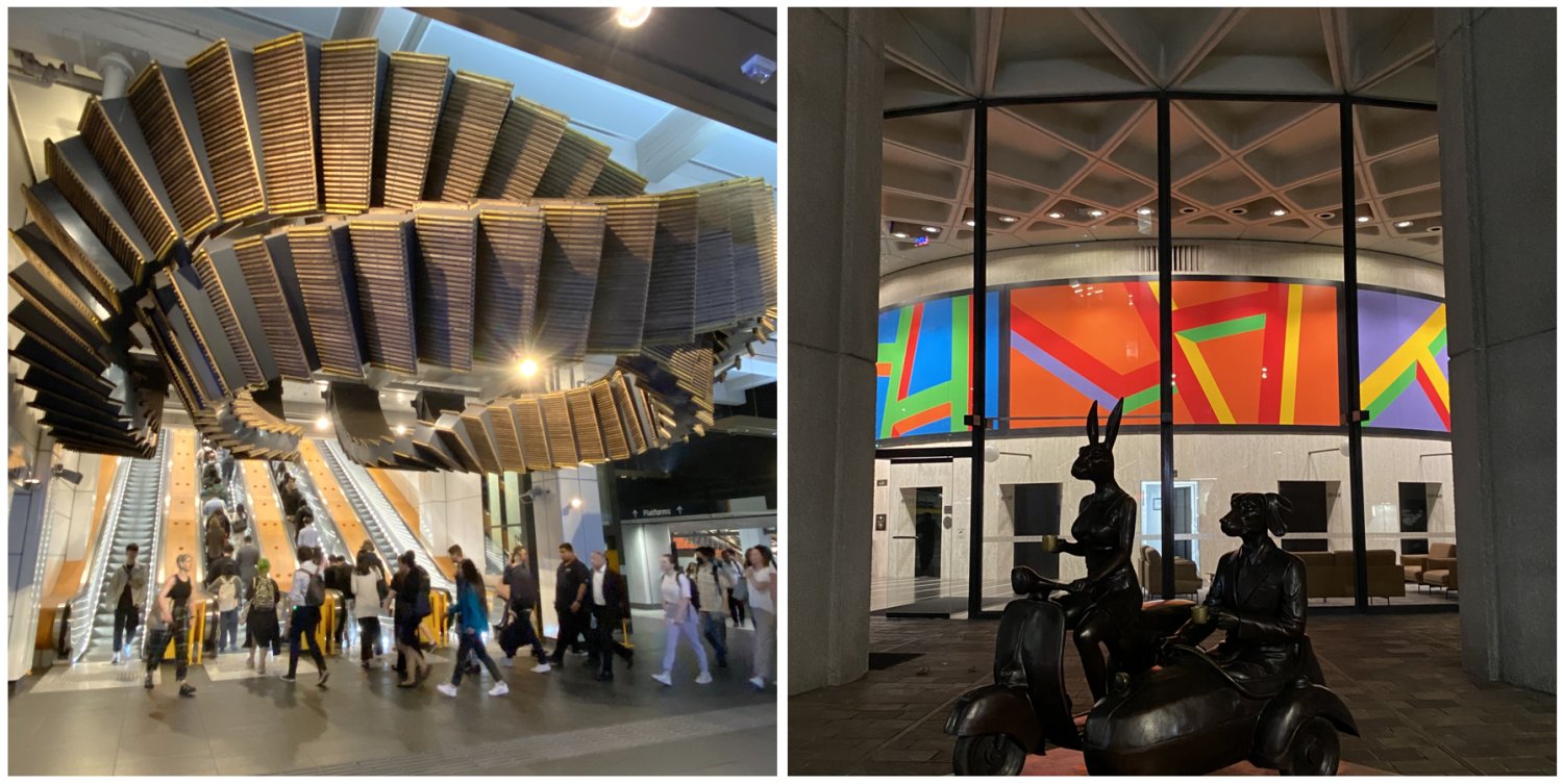 Collage of images showing Sydney's Wynyard Station Interloop sculpture, and Austraia Square's Lobby Mural