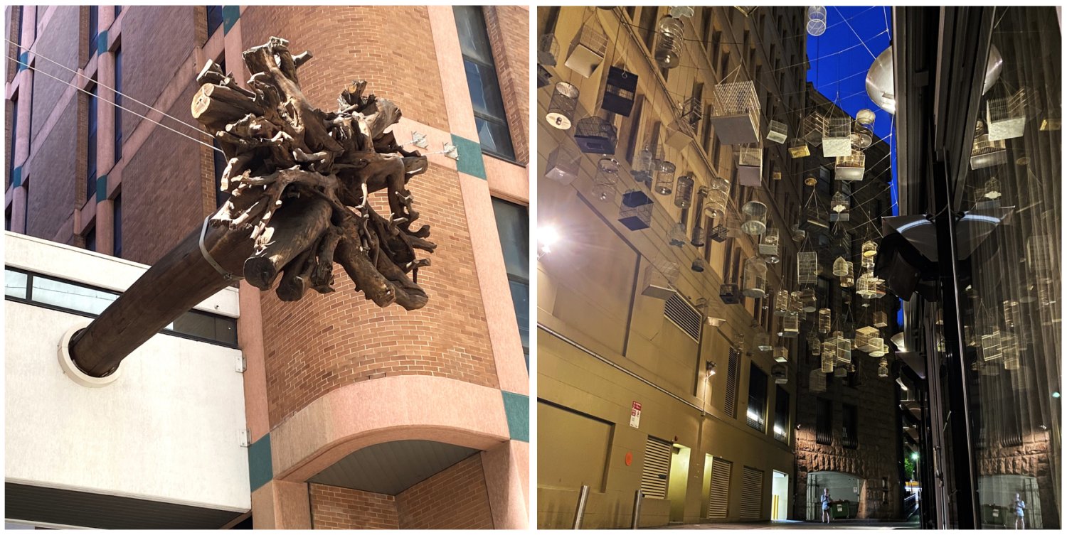 Collage of images showing Sydney's Underwood Ark suspended blackbutt tree, and the suspended empty birdcages of Angel Place