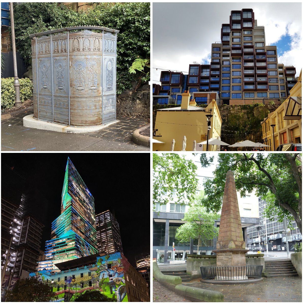 Collage of four images showing weird and wonderful sights in Sydney: top-left = antique cast-iron urinal; top-right = renovated Sirius Building; bottom-left = Upcycled Quay Quarter Tower; bottom-right = Obelisk of Distances