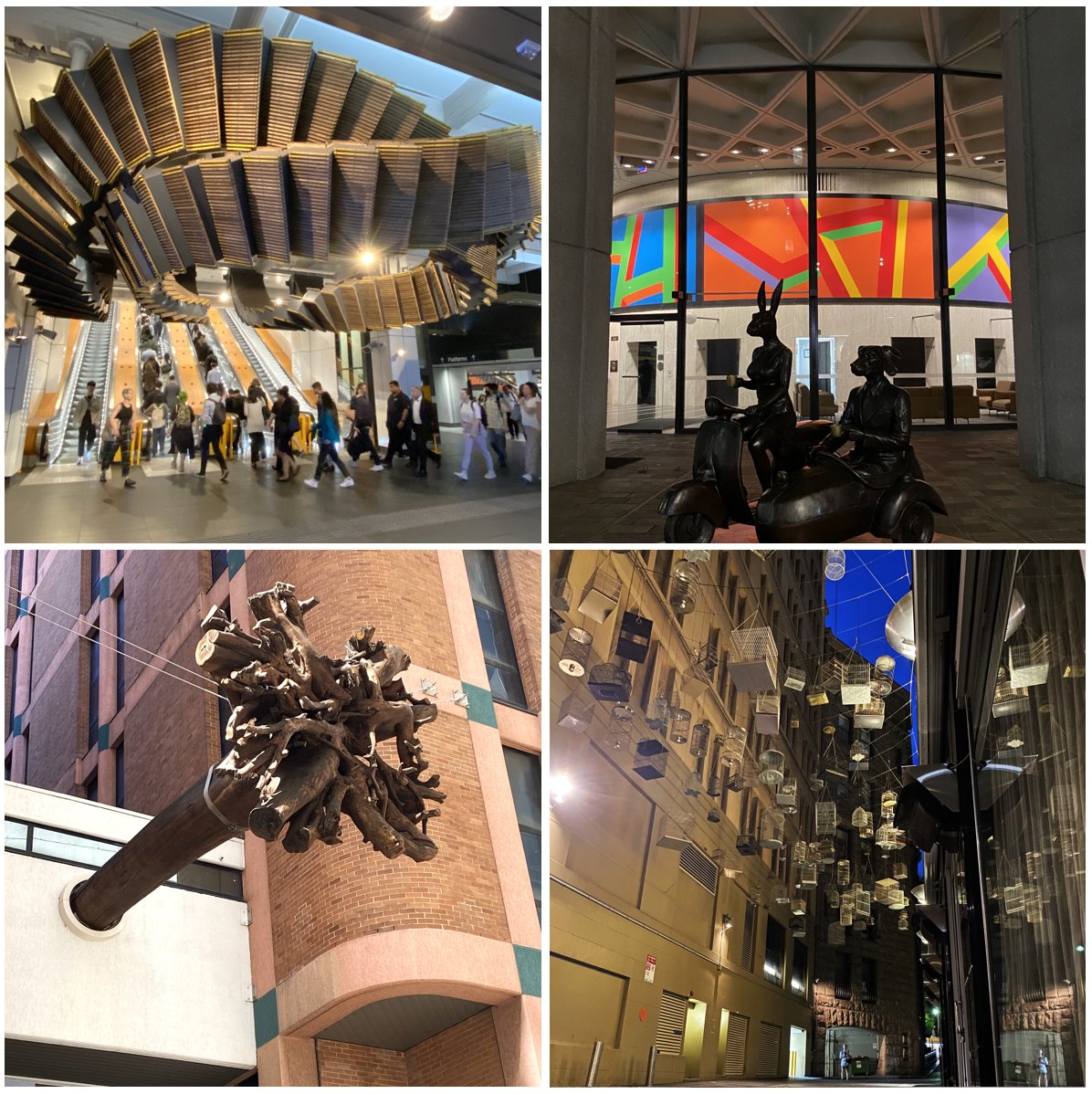 Collage of four images showing weird and wonderful sights in Sydney: top-left = antique cast-iron urinal; top-right = renovated Sirius Building; bottom-left = Upcycled Quay Quarter Tower; bottom-right = Obelisk of Distances