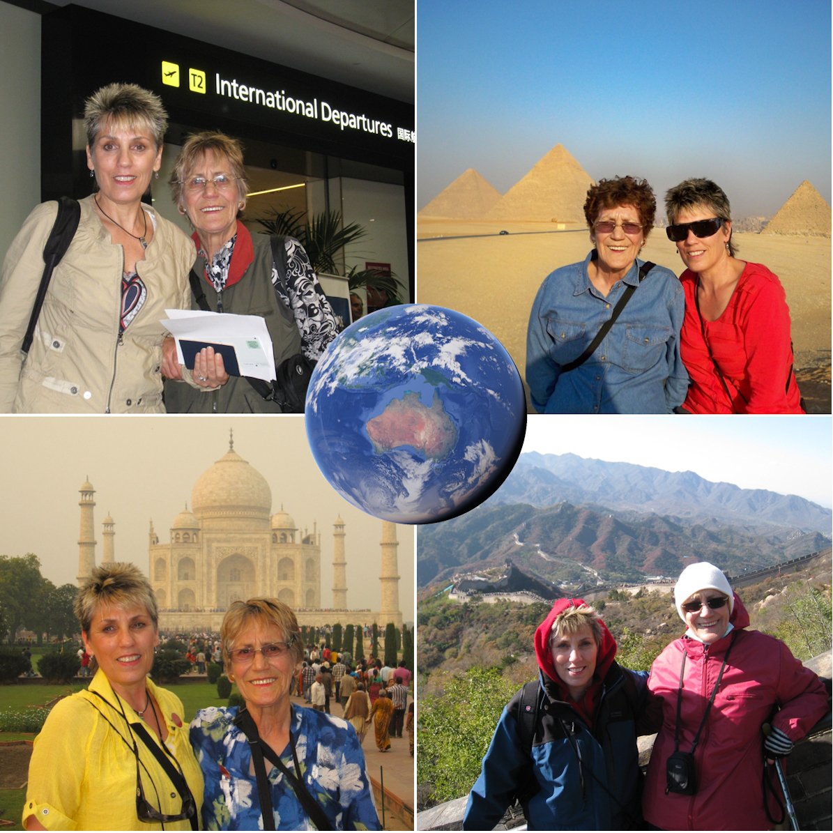 Collage image showing four scenes of traveling with my Mum - top-left: departing Melbourne; top-right: the Great Pyramids; bottom-left: the Taj Mahal; bottom-right: the Great Wall of China