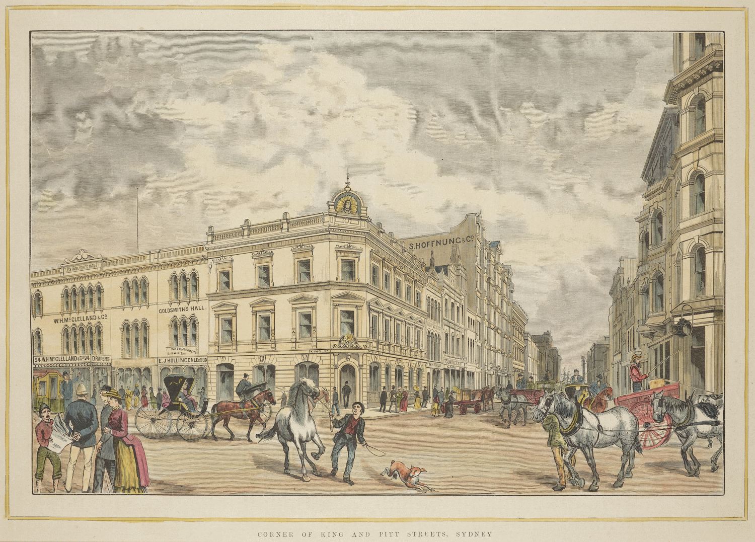 Image of engraving of the corner of King and Pitt Streets, from the Illustrated Sydney News