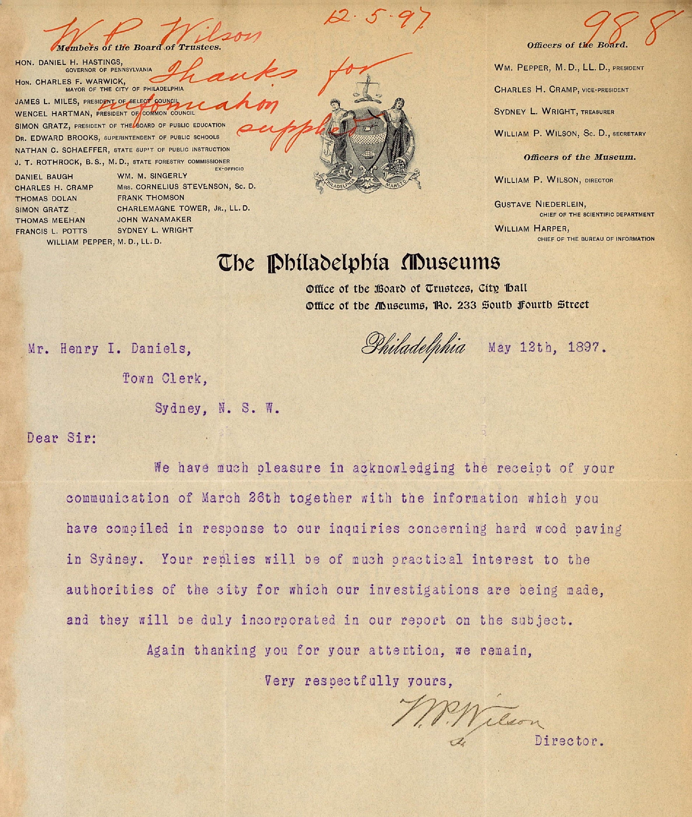 Image of Letter to Sydney Town Clerk, 12th May 1897, from W.P. Wilson, Director, The Philladephia Museum, acknowledging information about hardwood paving