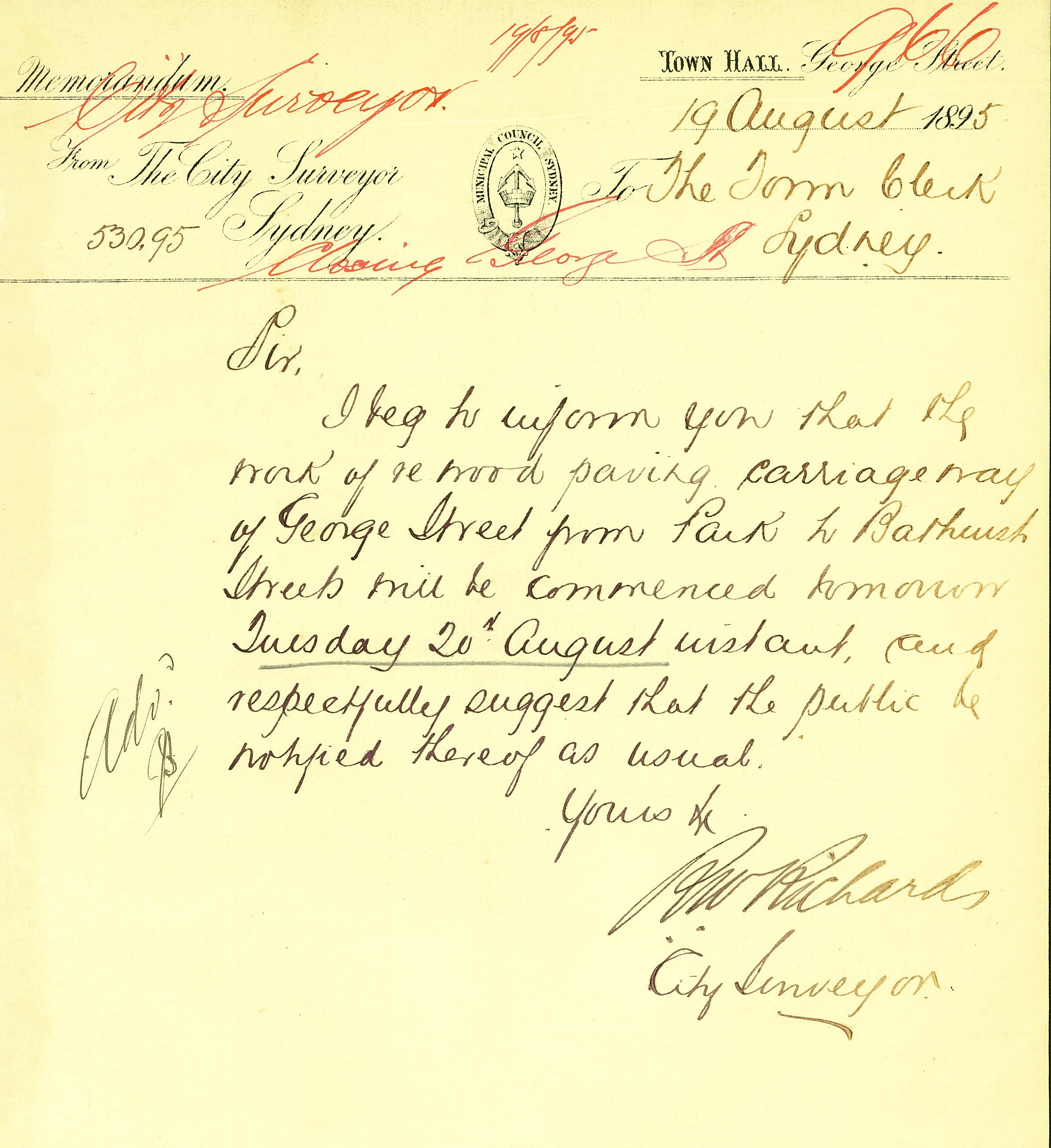 Image of Memorandum to Town Clerk, 19 August 1895 advising work will begin on the wood block paving of George Street