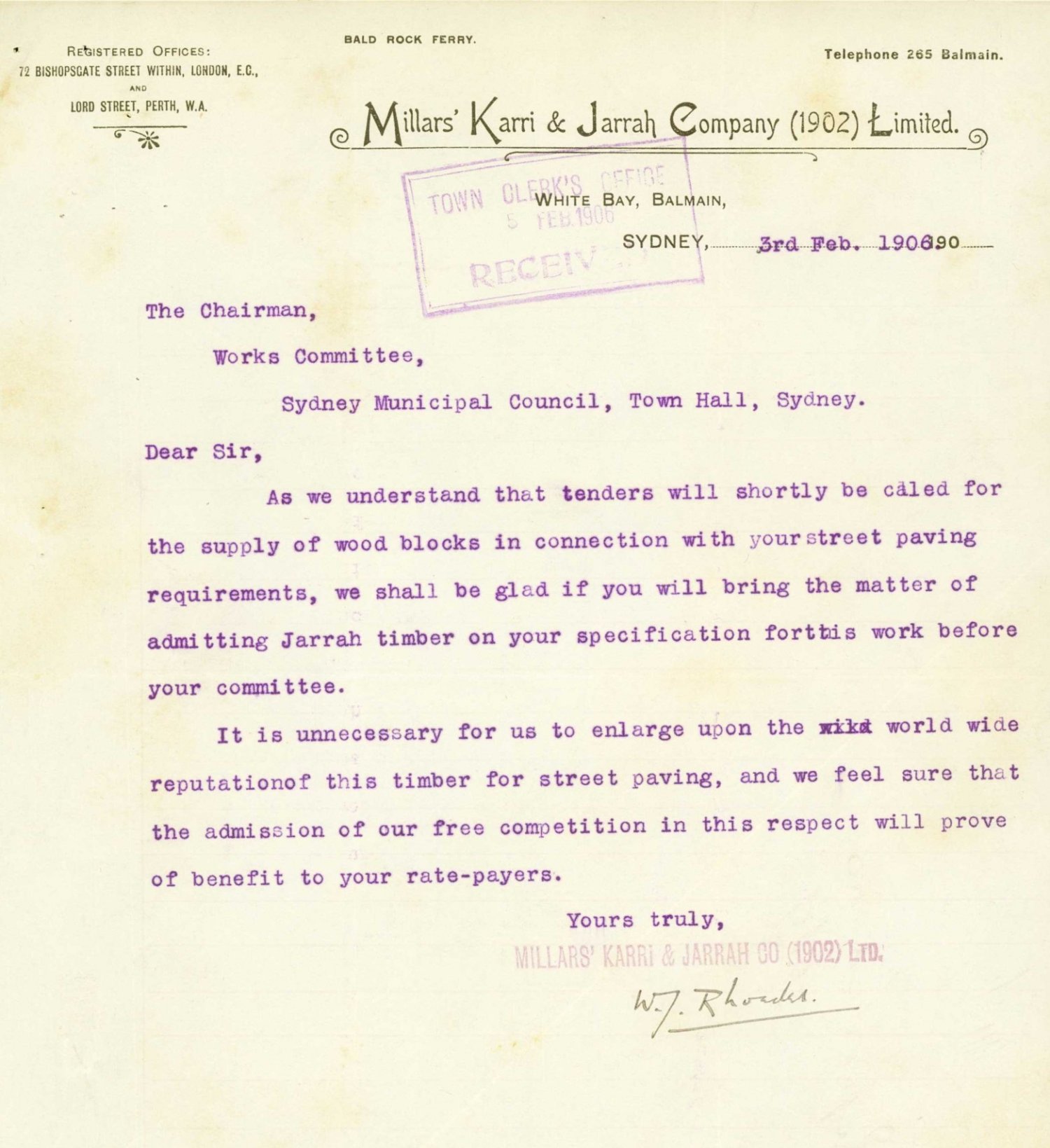 Image of Letter from Millars' Karri & Jarrah Company Limited, 3rd Feb 1906, requesting Jarrah Timber be included in specification for supply of wood blocks for street paving