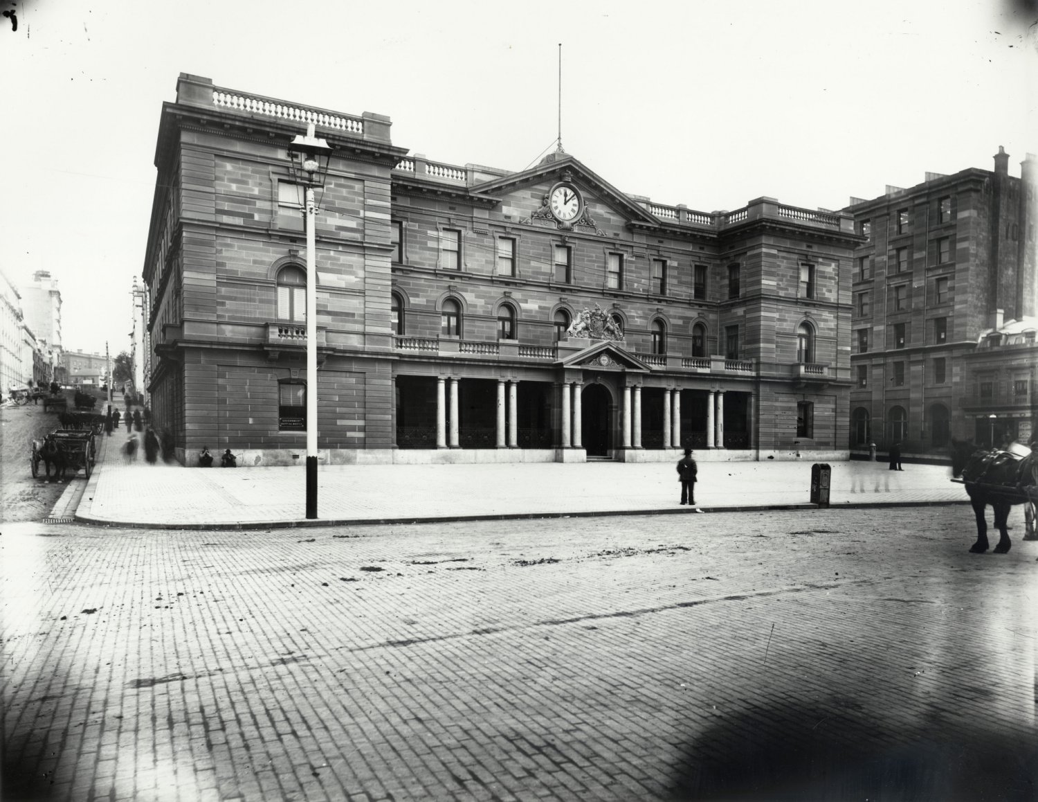 Image of Sydney Customs House, C 1887 - prior to construction of upper storey – showing freshy laid wood-block paving