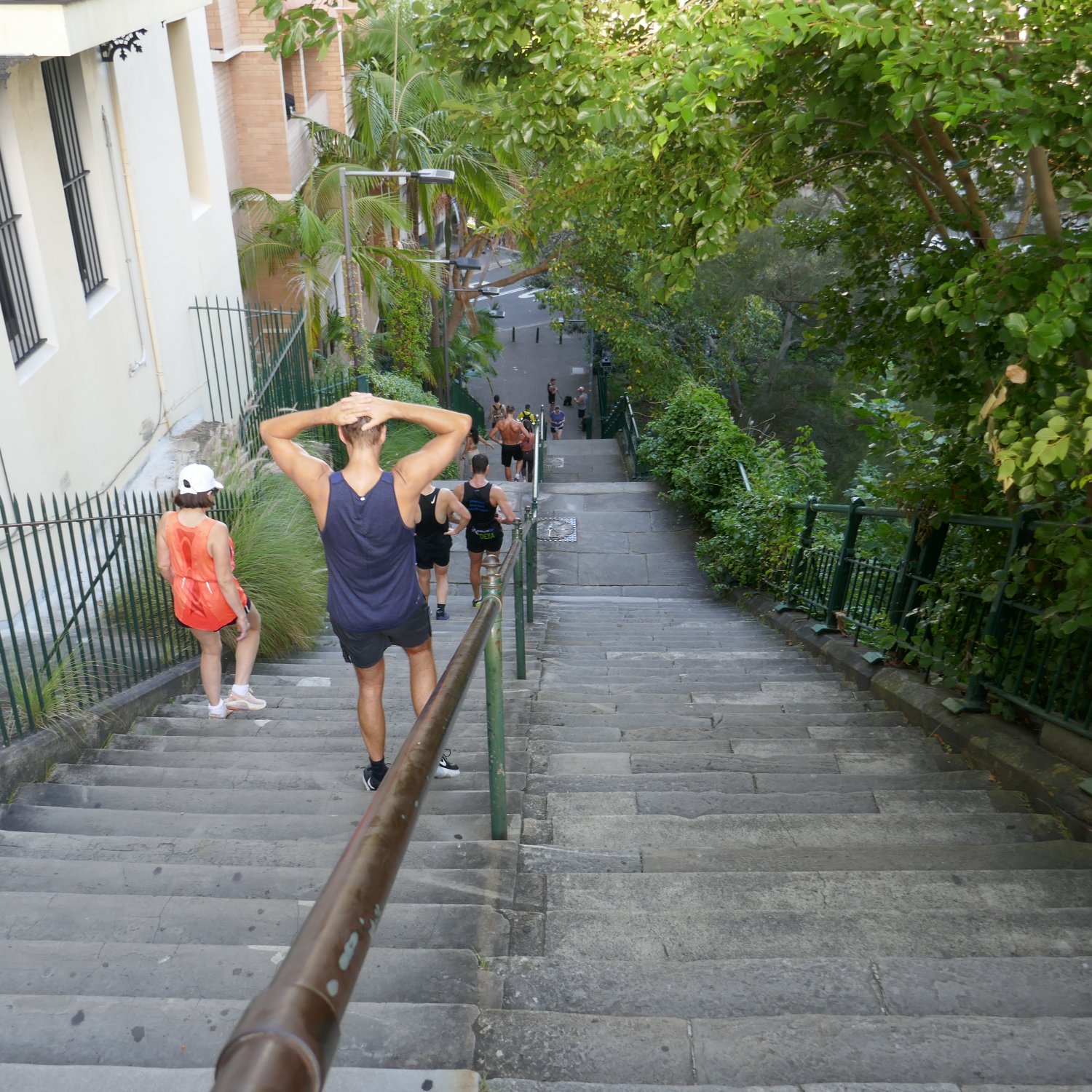 image of a squad of Royal Australian Navy sailors exercising on the McElhone Stairs, at Sydney's Woolloomooloo