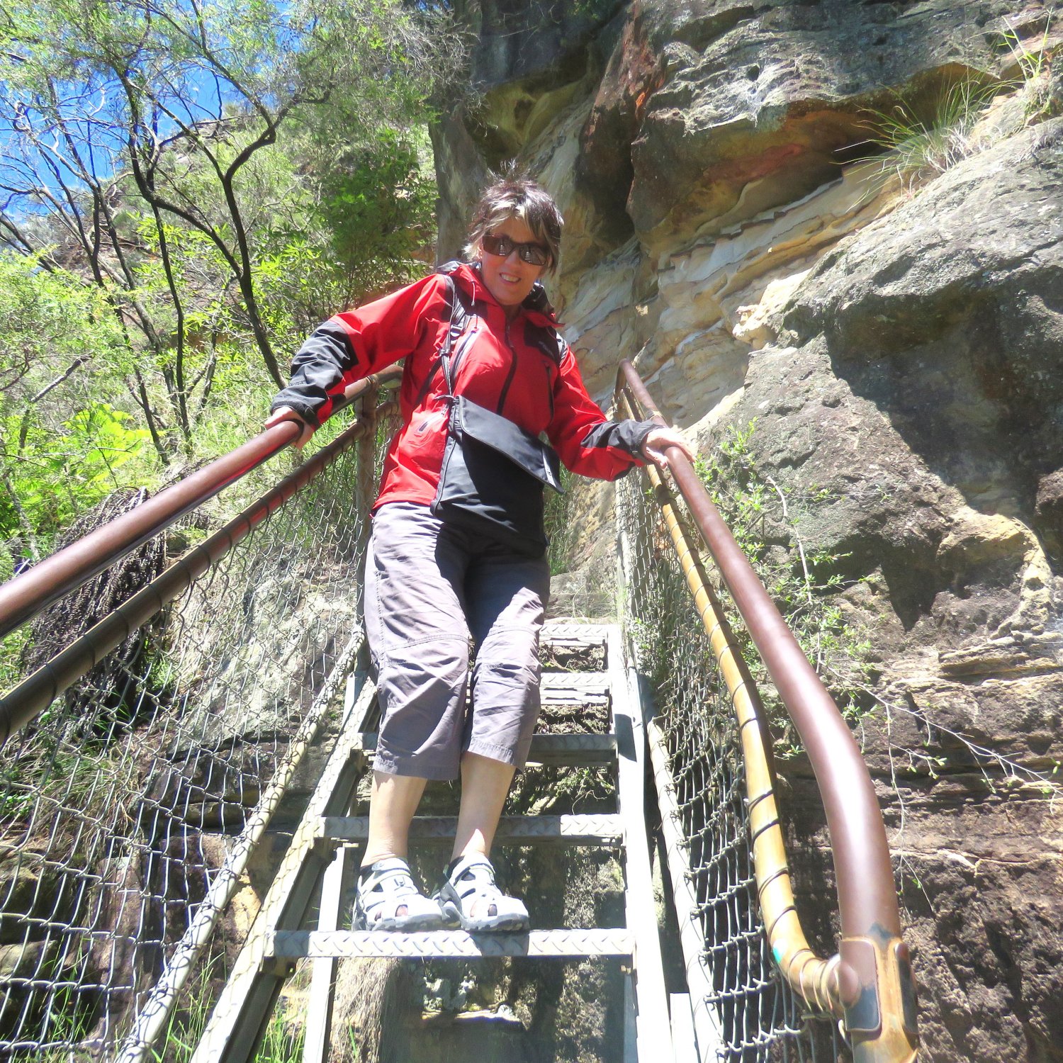 image of Marlene beginning the near vertical descent of the Giant Stairway at Katoomba (Sydney, Australia)