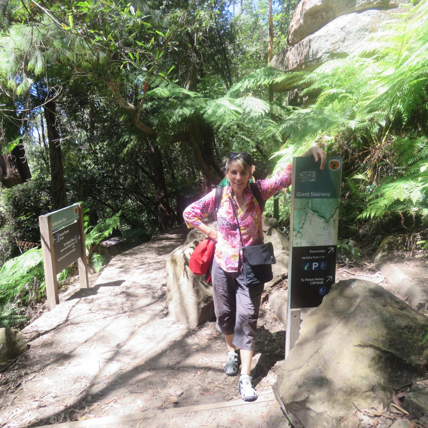 image of Marlene at the bottom of the near vertical descent of the Giant Stairway at Katoomba (Sydney, Australia)