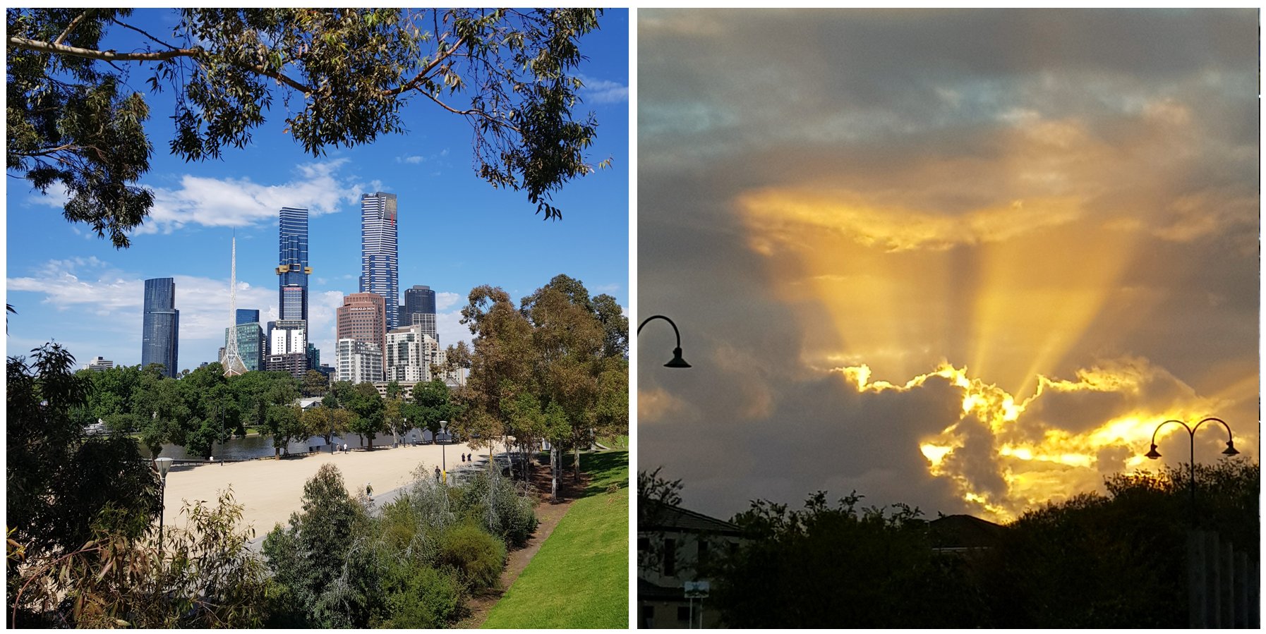 Collage of two images - left = a view across Melbourne's Birrarung Marr park, looking at the city's two tallest buildings, Australia 108 and the Eureka Tower; right = an April (Autumn) morning sunrise in Melbourne's SouthEast