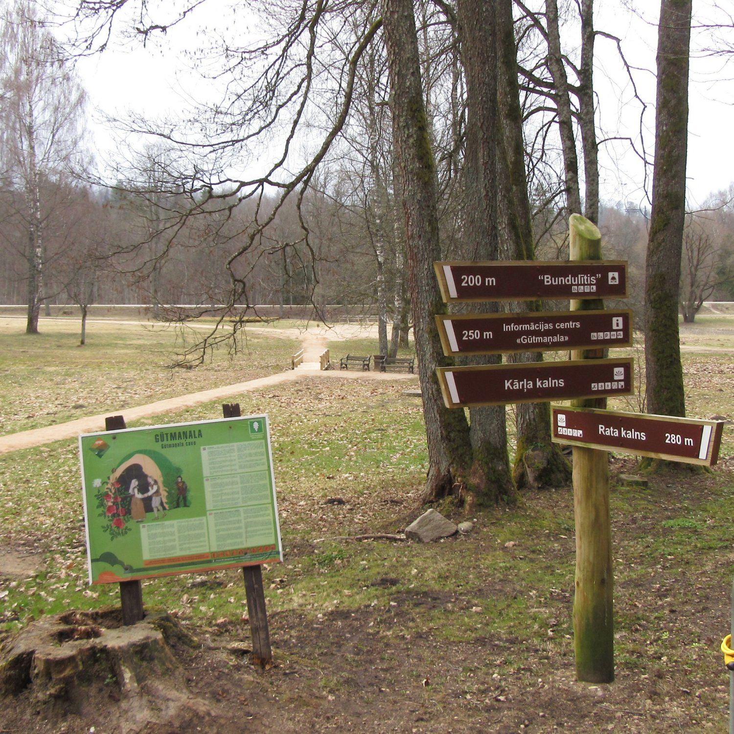 image of signposts near (Gutman's Cave), near Sigulda, in Latvia, on the way to the grave of the Rose of Turaida