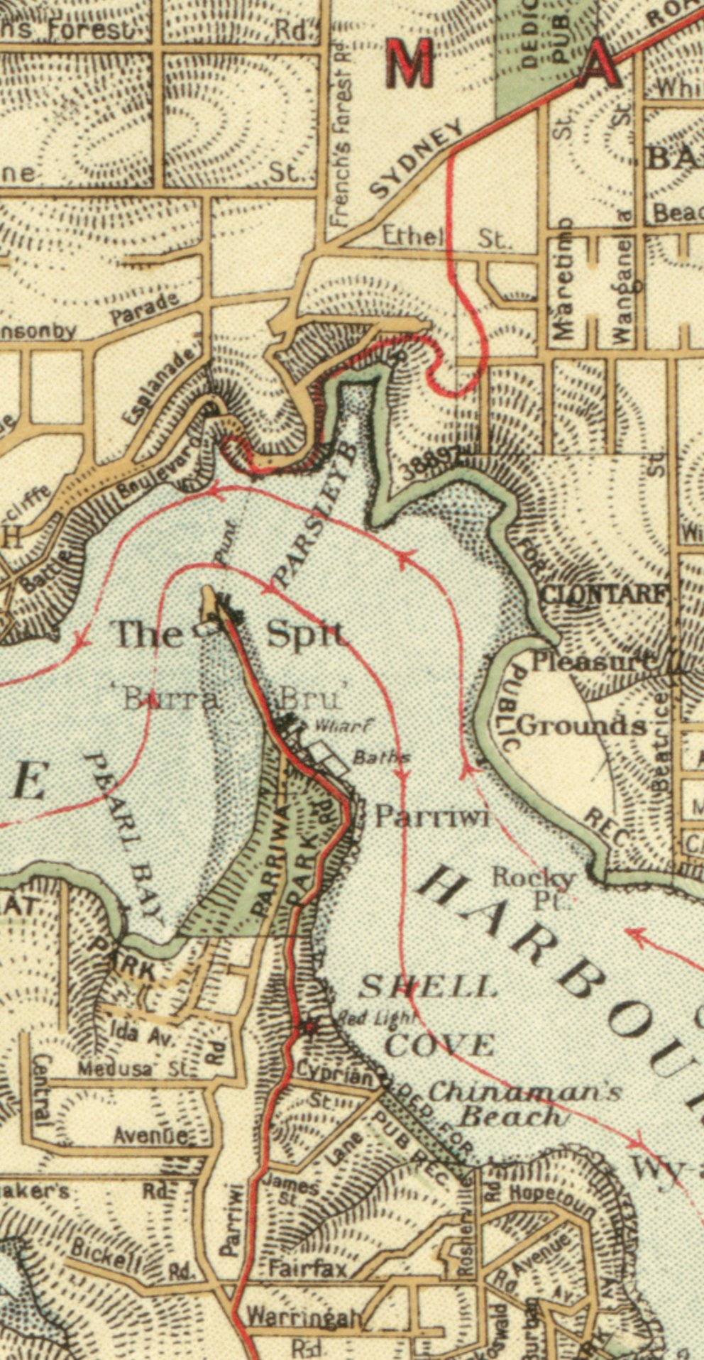 extract from a Map of Sydney Harbour showing the twisting roads on the Seaforth side of the Spit crossing - Credit: National Library of Australia