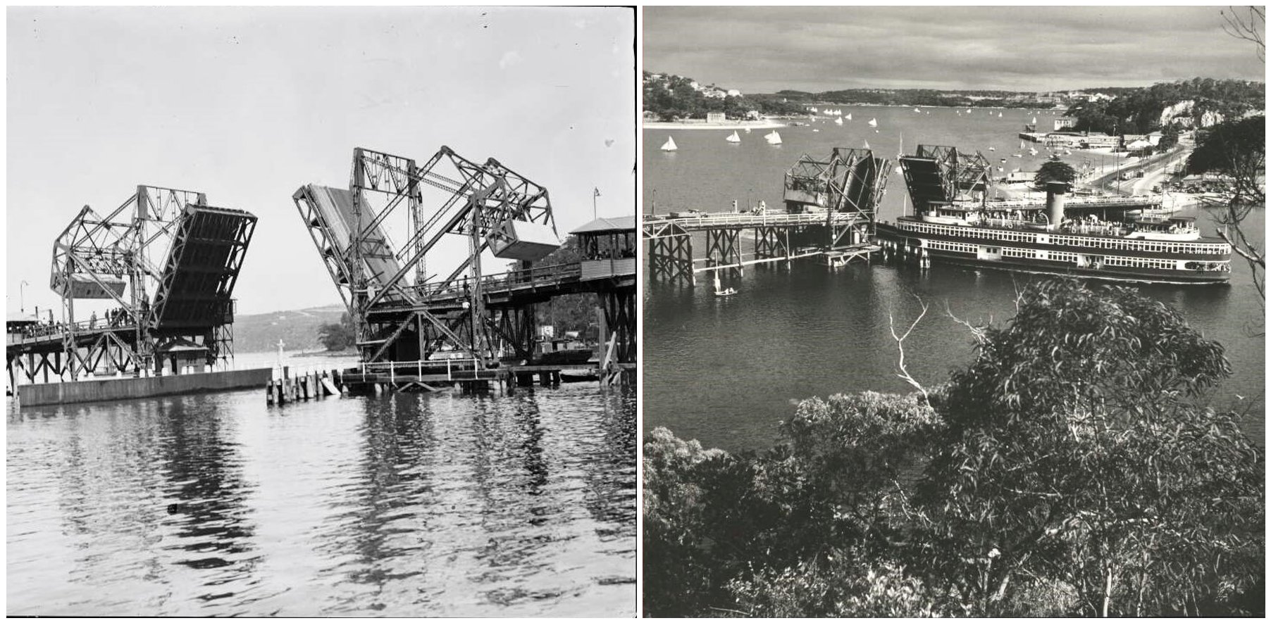 Collage of two images - left = a view of The Spit Bridge, ca 1930s; right = a view of the showboat Kalang going through The Spit Bridge, ca 1940s