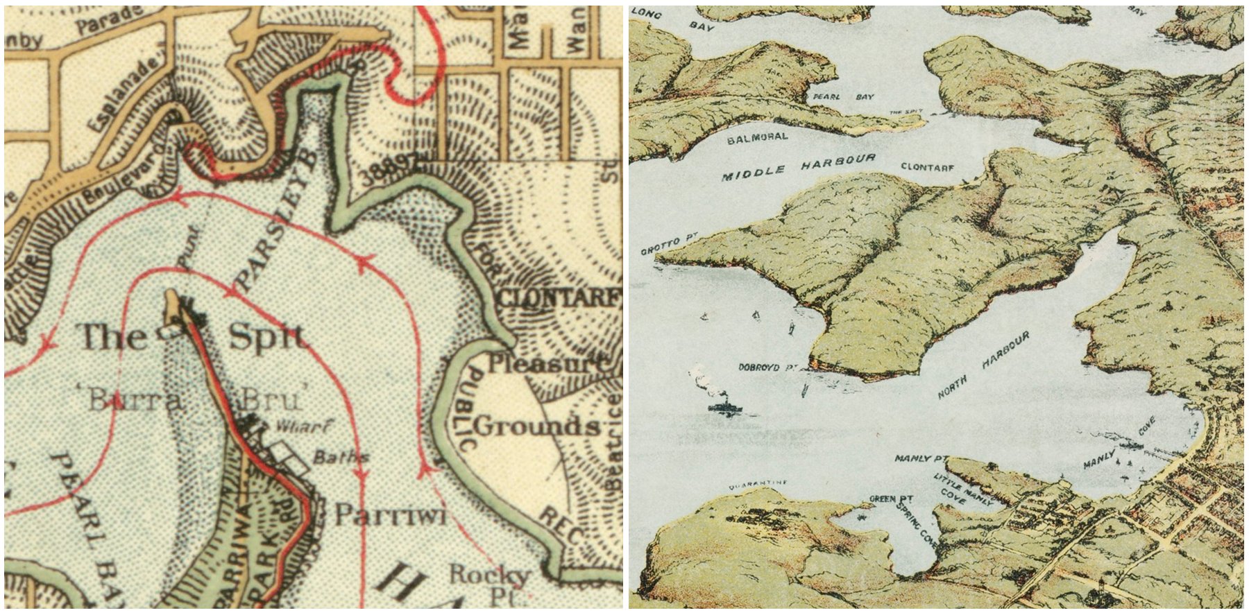 Collage of two maps - left = a view of The Spit, ca 1919; right = a view of the Manly to The Spit Walk route, ca 1913