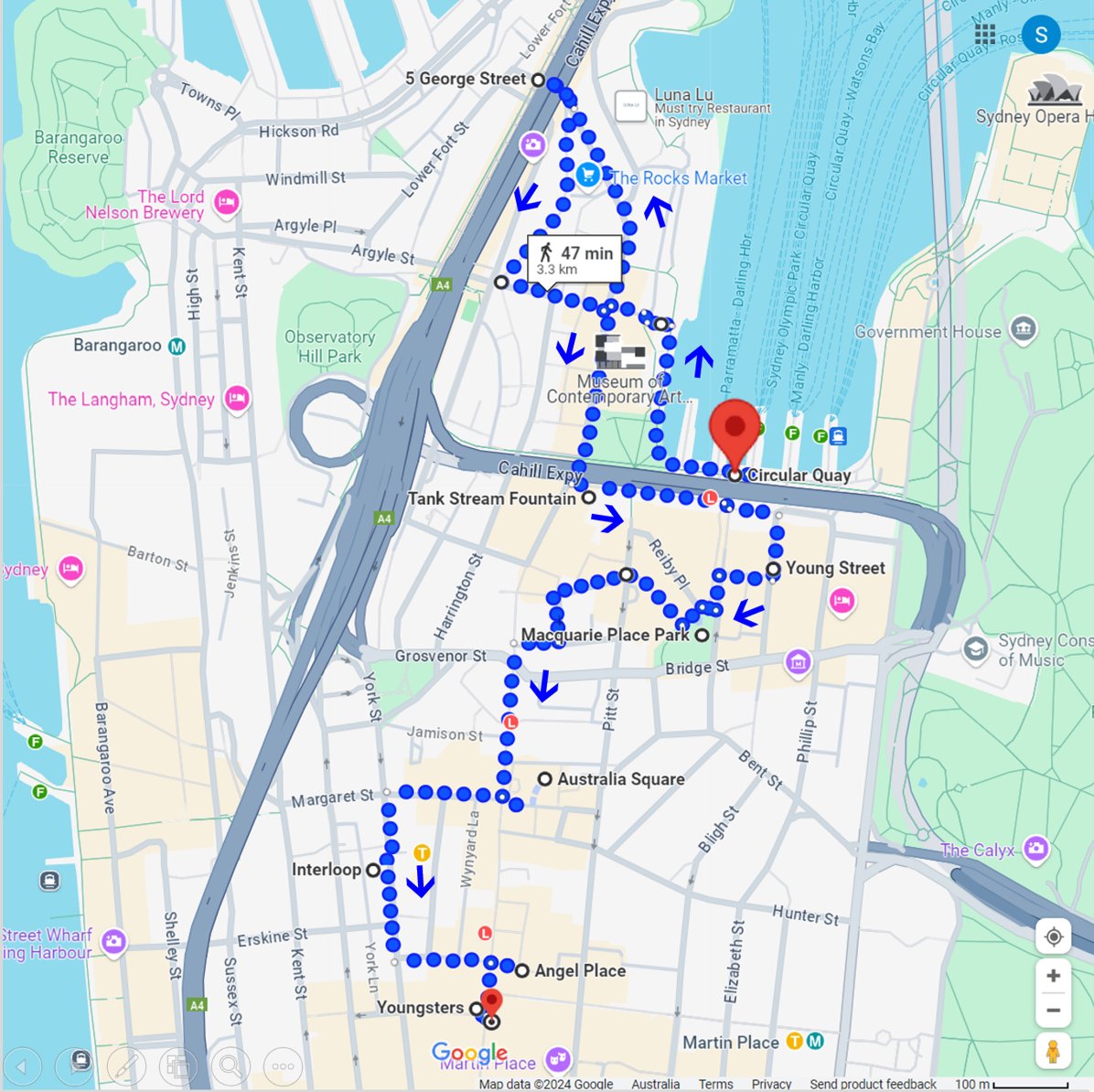 Image showing Google Maps walking route for Sydney's 'weird and wonderful' attractions in the CBD