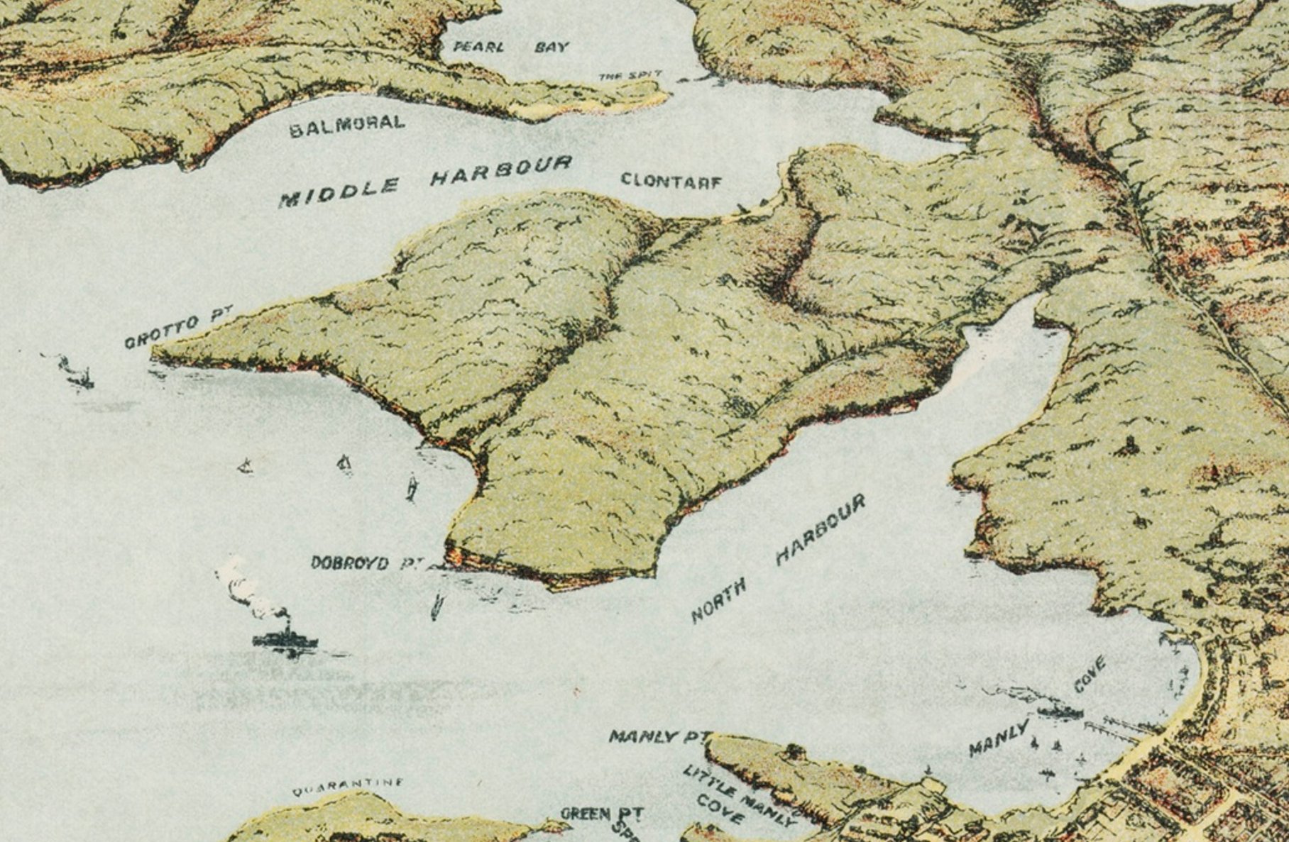 extract from Bird's-eye View of The Port of Sydney showing the area covered along the route of the Spit to Manly Walk - Credit: tate Library of New South Wales