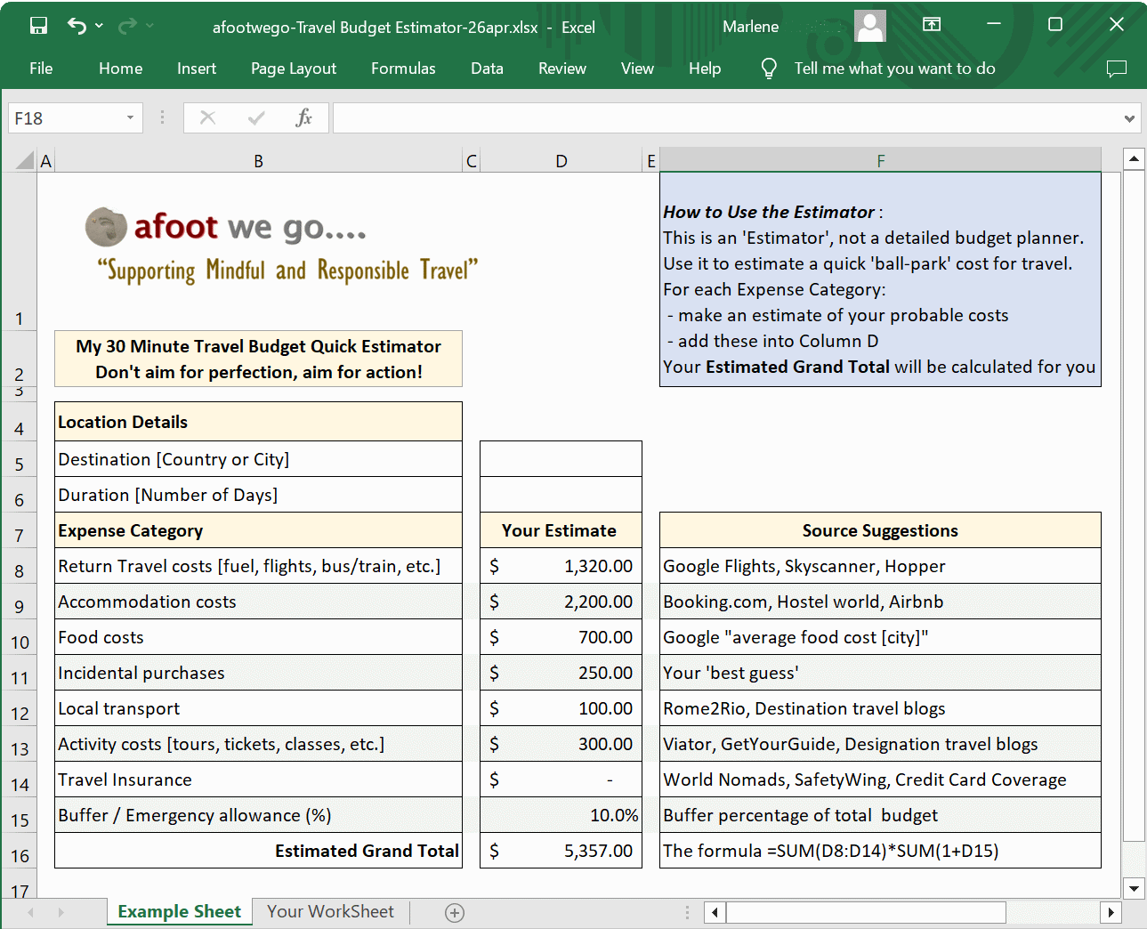 image showing afootwego 30 Minute Travel budget Quick Estimator spreadsheet