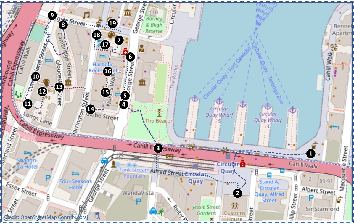 map image showing the locations of 20 attractions on the self-guided walking route of The Rocks, South of Argyle Street