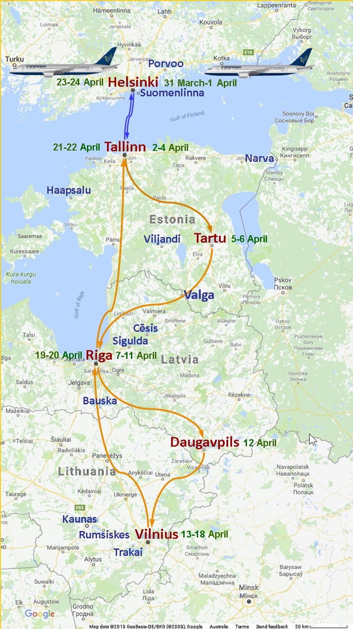 Image of a map of the Baltic region of Europe, showing afootwego travels in the Baltic States April 2019