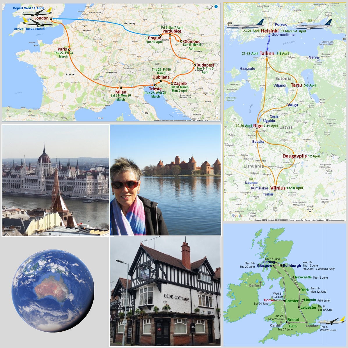 Collage image showing afootwego adventures in the Balkans (top-left); the Baltic States (top-right), the UK (bottom-right); along with images from Budapest, Trakai, and Chester