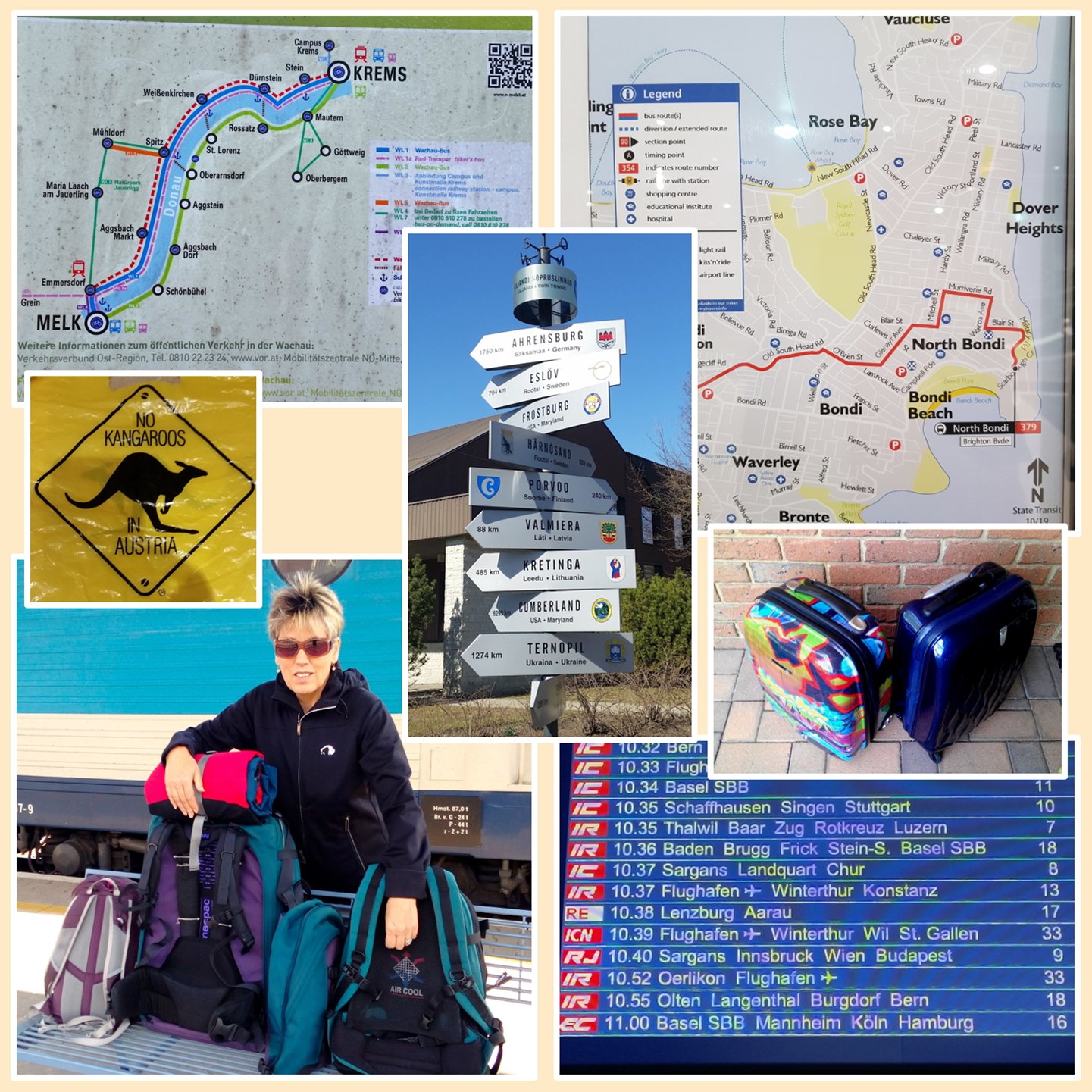 Collage of images showing travel scenes, including packs and bags, sign posts, maps and signs