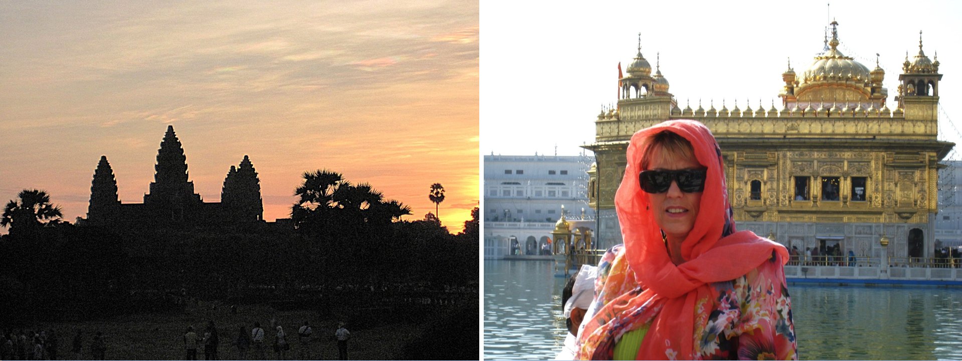 Collage of two images: Left = Angkor Wat temple at sunrise; Right = Amritsar's Golden Temple