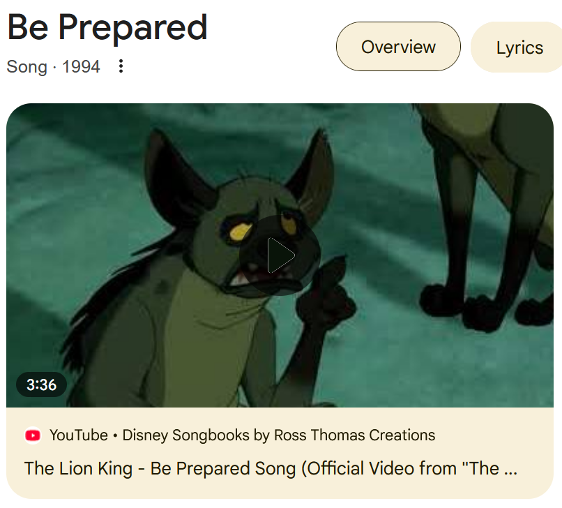 Image of Google search result for 'Be Prepared', showing the 1994 song from The Lion King