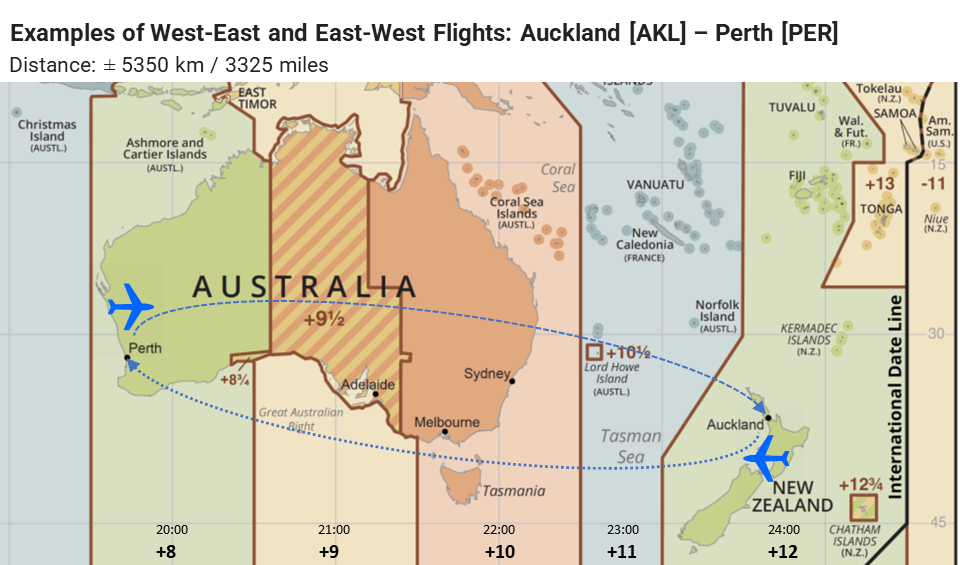 Image showing tinmezones from Western Australia to Auckland, New Zealand, with connecting flight paths marked