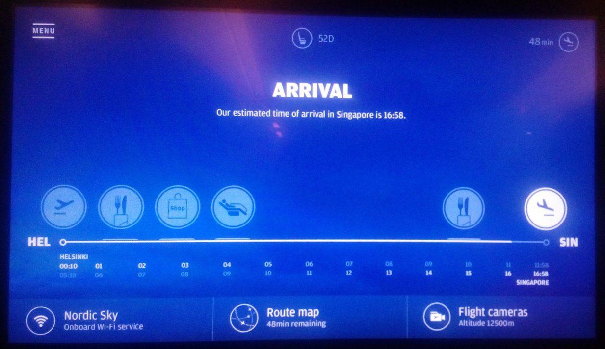 Image showing notice of arrival into Singapore from Helsinki, on Finnair Airbus A350