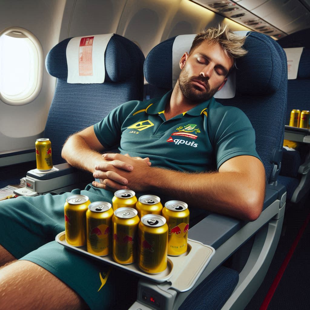 Image showing an airline passenger asleep in his seat, with a tray covered with empty drink cans