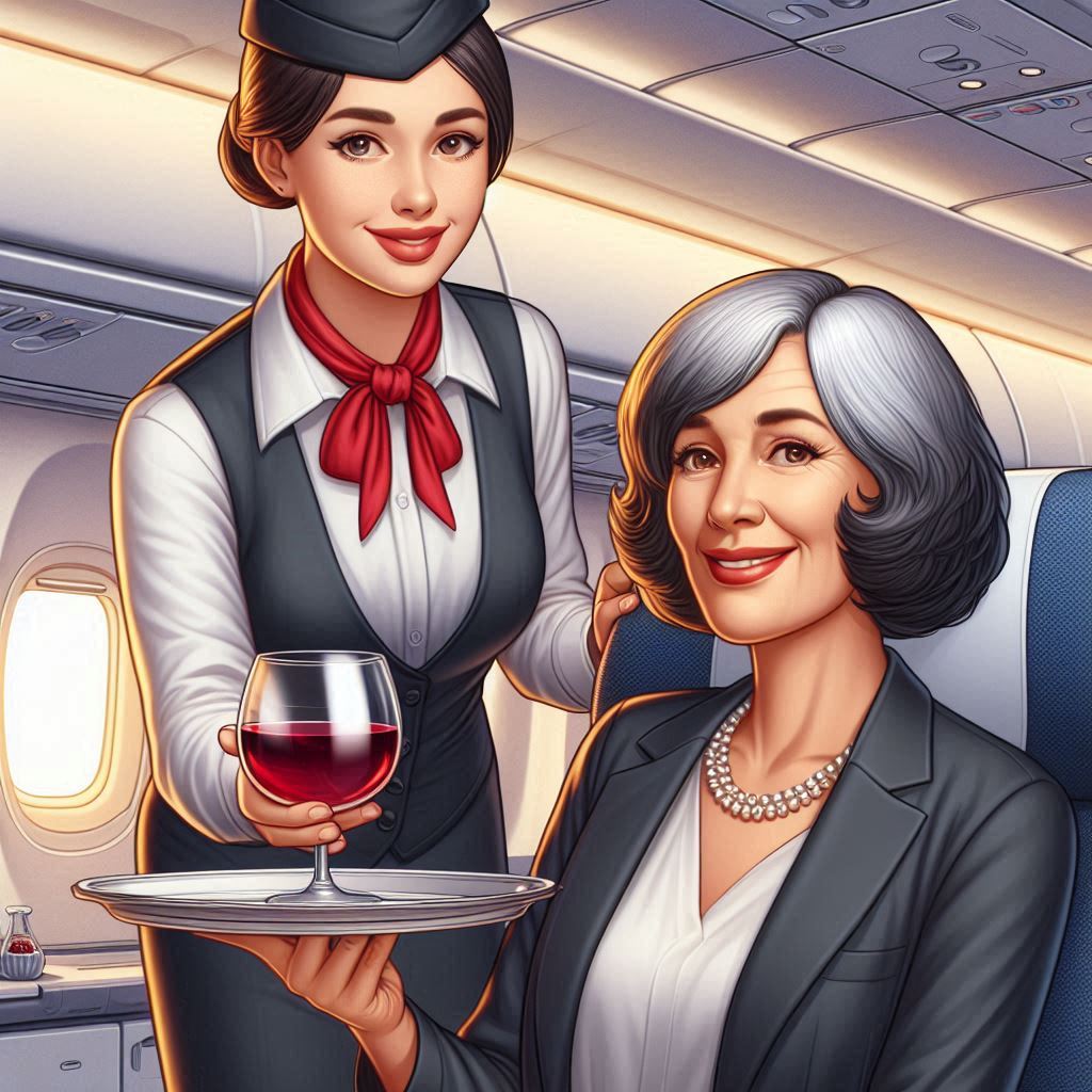 AI-generated image of an airline hostess, a seated passenger, and a tray with a glass of wine - curiously the passenger is holding the tray, while the hostess has her hand around the stemm of the glass