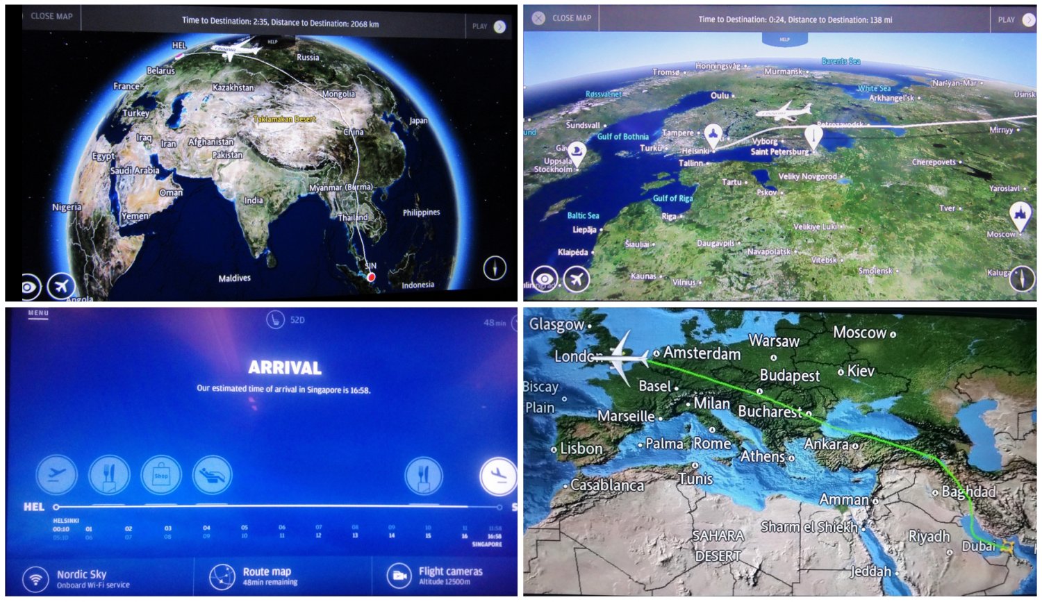 Collage of four aviation-related images - top-left = flight path from Singapore to Helsinki; top-right = final approach into Helsinki over St Petersburgh; bottom-left = screen announcing arrival into Singapore; bottom-right = flight path from Dubai to London